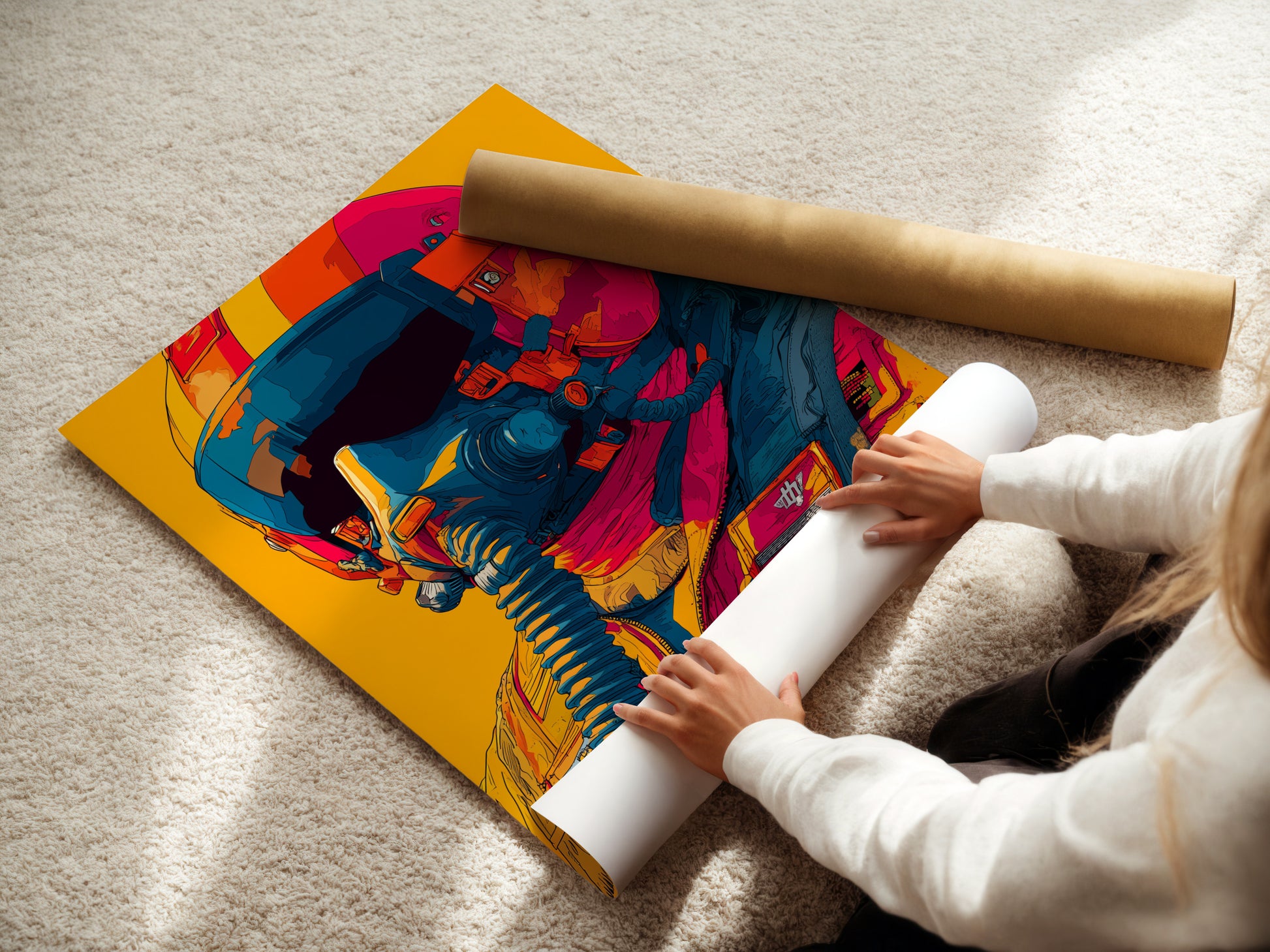 A woman is carefully rolling a fine art poster paper. High-quality paper ensures the artwork is preserved. The poster paper captures the details. This provides a beautiful and lasting display.