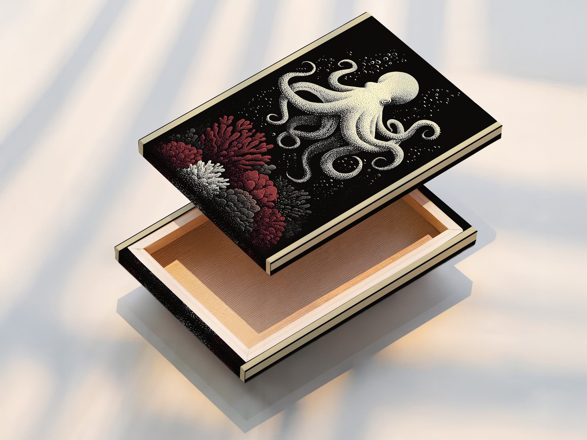 Stretched canvas print. This octopus canvas print is nautical wall art. The art features coral reef art for coastal home decor. It's a ready to hang piece of ocean creature artwork. Perfect for any room.