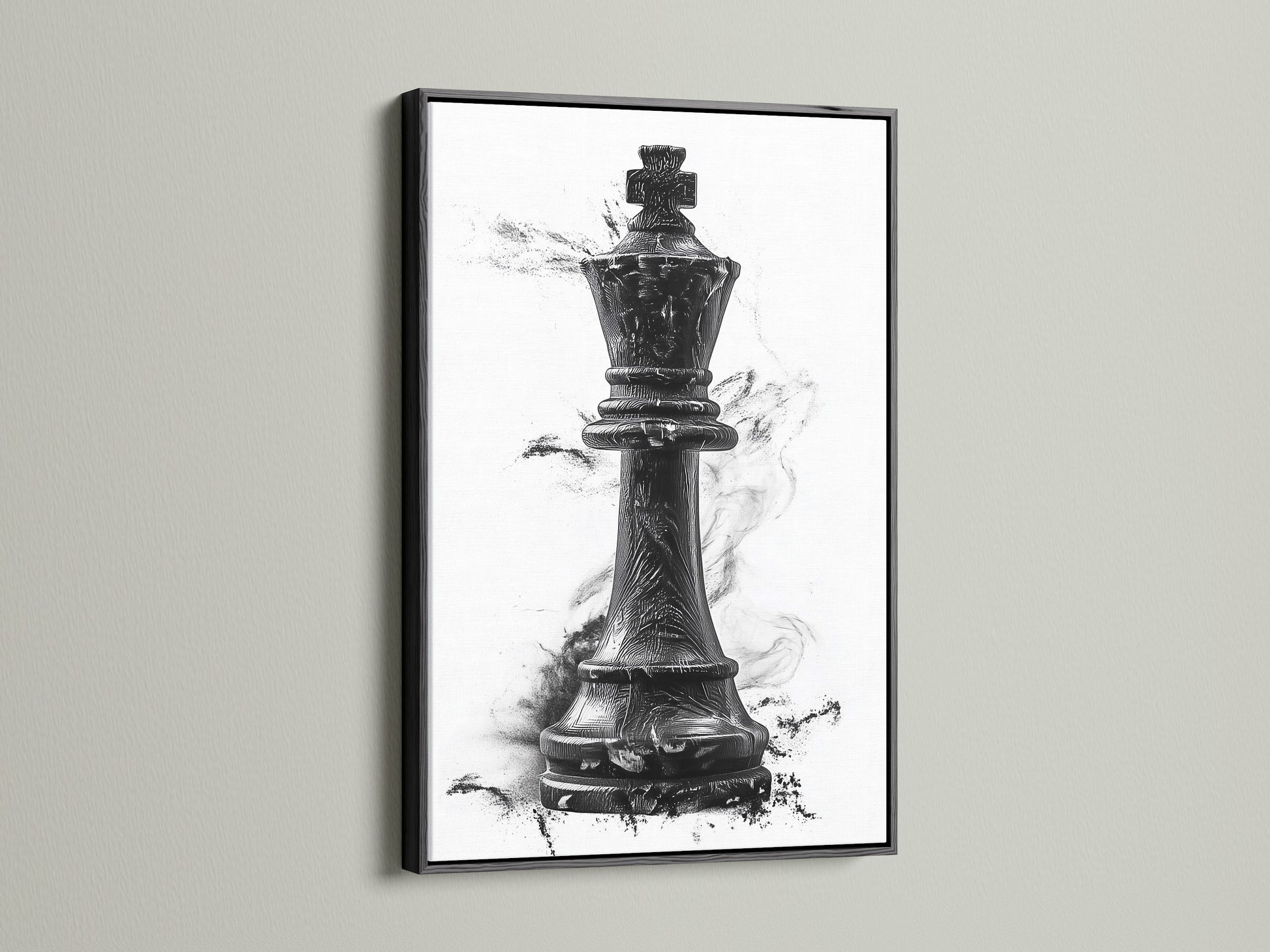 A striking chess king artwork showcased in a black frame. The black frame adds a bold and timeless touch. It makes it a versatile choice for any interior. Elevate your artwork with a sleek black frame. It adds a touch of sophistication to your walls.