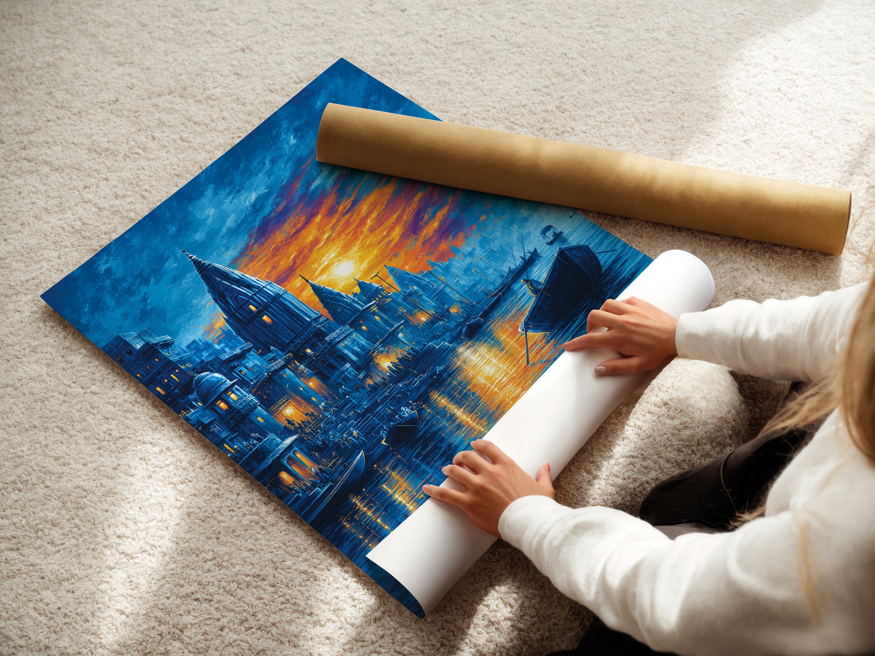 A woman is carefully rolling a fine art poster paper of the Varanasi Sunset Artwork. The Indian temple art is ready to be displayed as a sacred river print. Perfect for adding spiritual wall art to your home. The blue and orange tones of the artwork bring a peaceful ambiance. Ideal for meditation spaces.