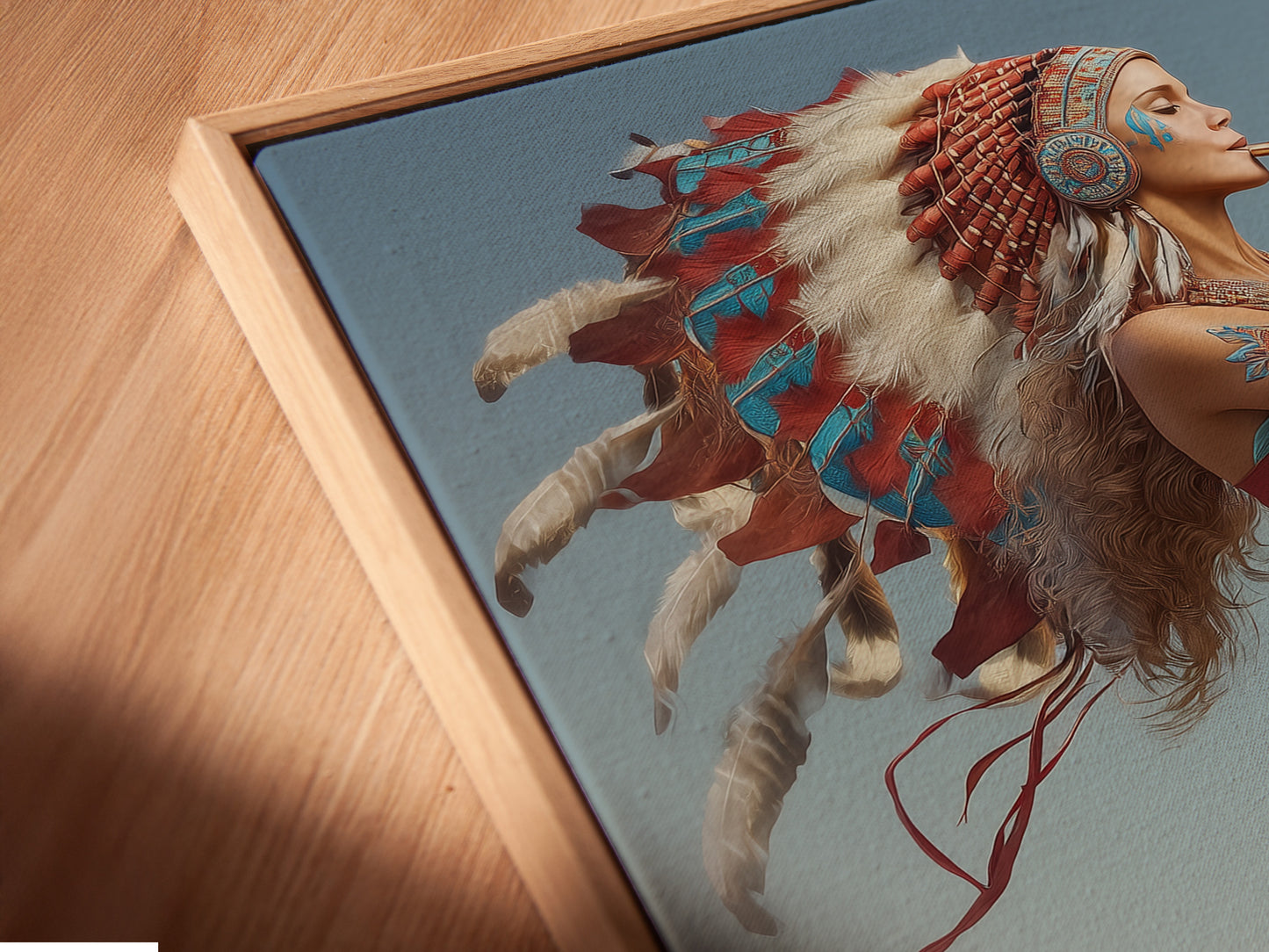 Close-up angled view of a canvas print in a floating frame. The frame gives the illusion that the artwork is floating. This modern framing style adds depth and sophistication. Perfect for contemporary spaces and art.