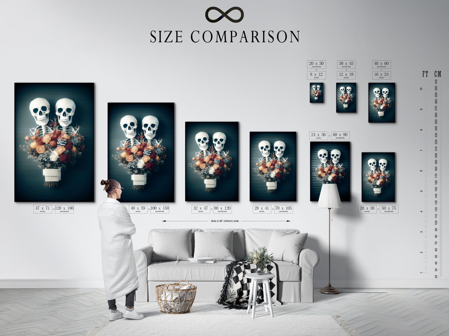 A size comparison chart displayed in an interior setting. It showcases various sizes of the floral skeleton artwork. This chart helps visualize how the artwork will fit in your space. It is available in stretched canvas print fine art poster paper and floating frame options. Perfect for planning your gothic wall art display.