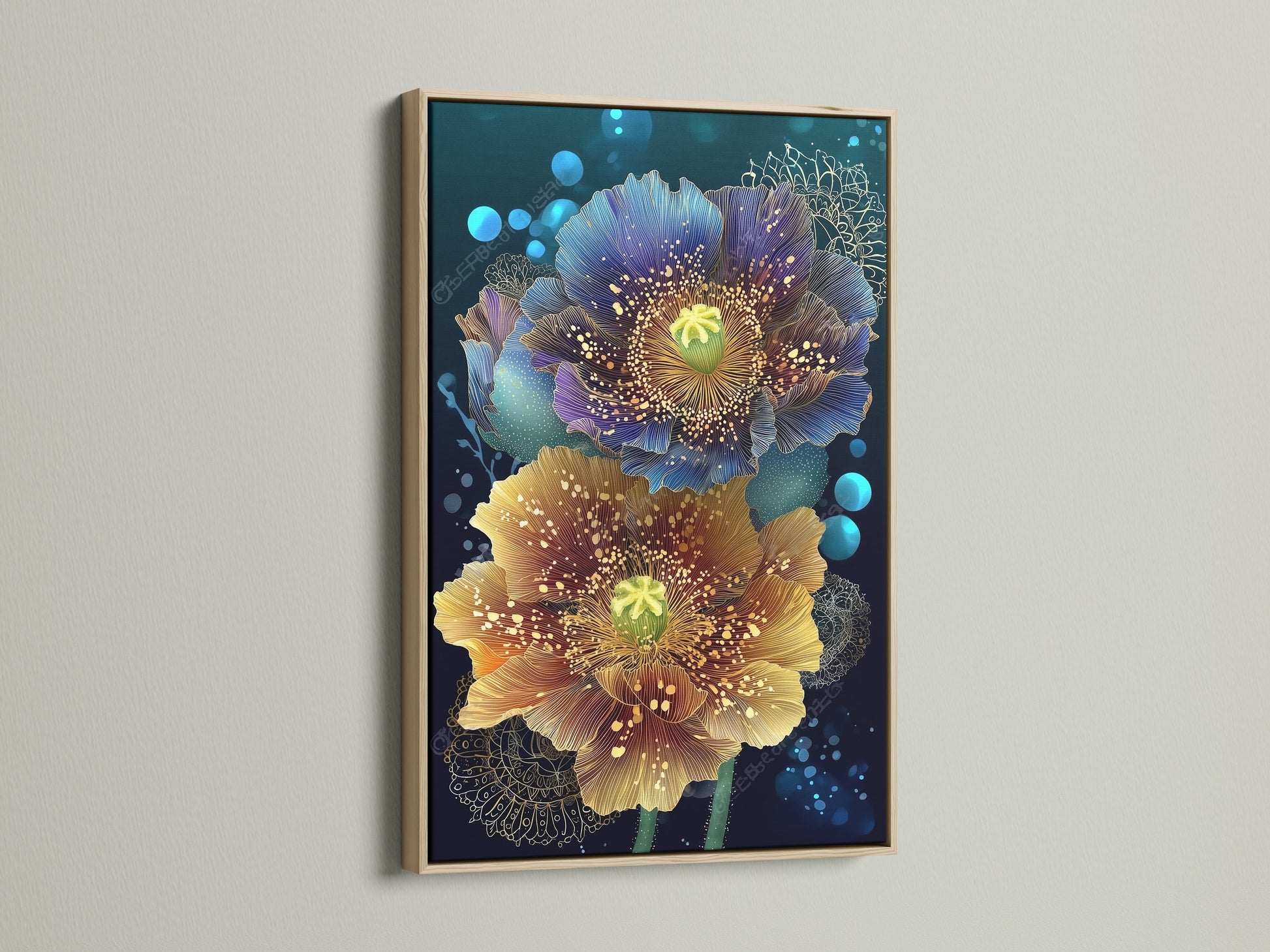 Floral canvas print featuring teal and gold botanical artwork. The print is displayed in an oak frame. This modern flower artwork is perfect for a bedroom. Find this botanical print now!