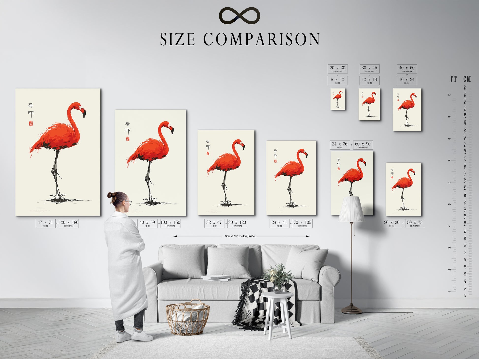 This size comparison chart shows the artwork in an interior setting. It helps visualize how the print fits in various spaces. The chart shows different sizes. This allows customers to choose the perfect fit for their decor needs. The red flamingo print adds a touch of tropical elegance.