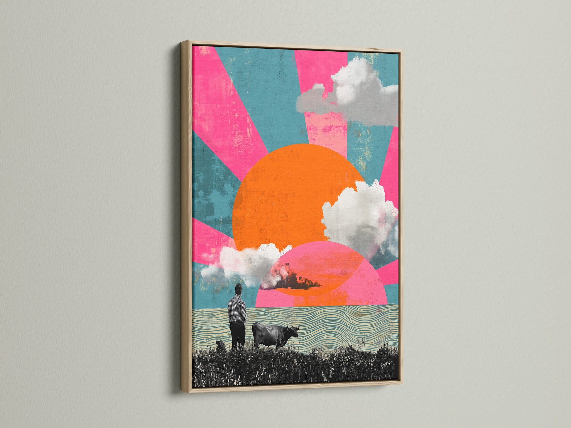 The vibrant surreal artwork featuring a retro sun a cow and a man is showcased in an oak frame. The pink and teal artwork adds a pop of color. It elevates any space from living rooms to offices with contemporary wall decor.