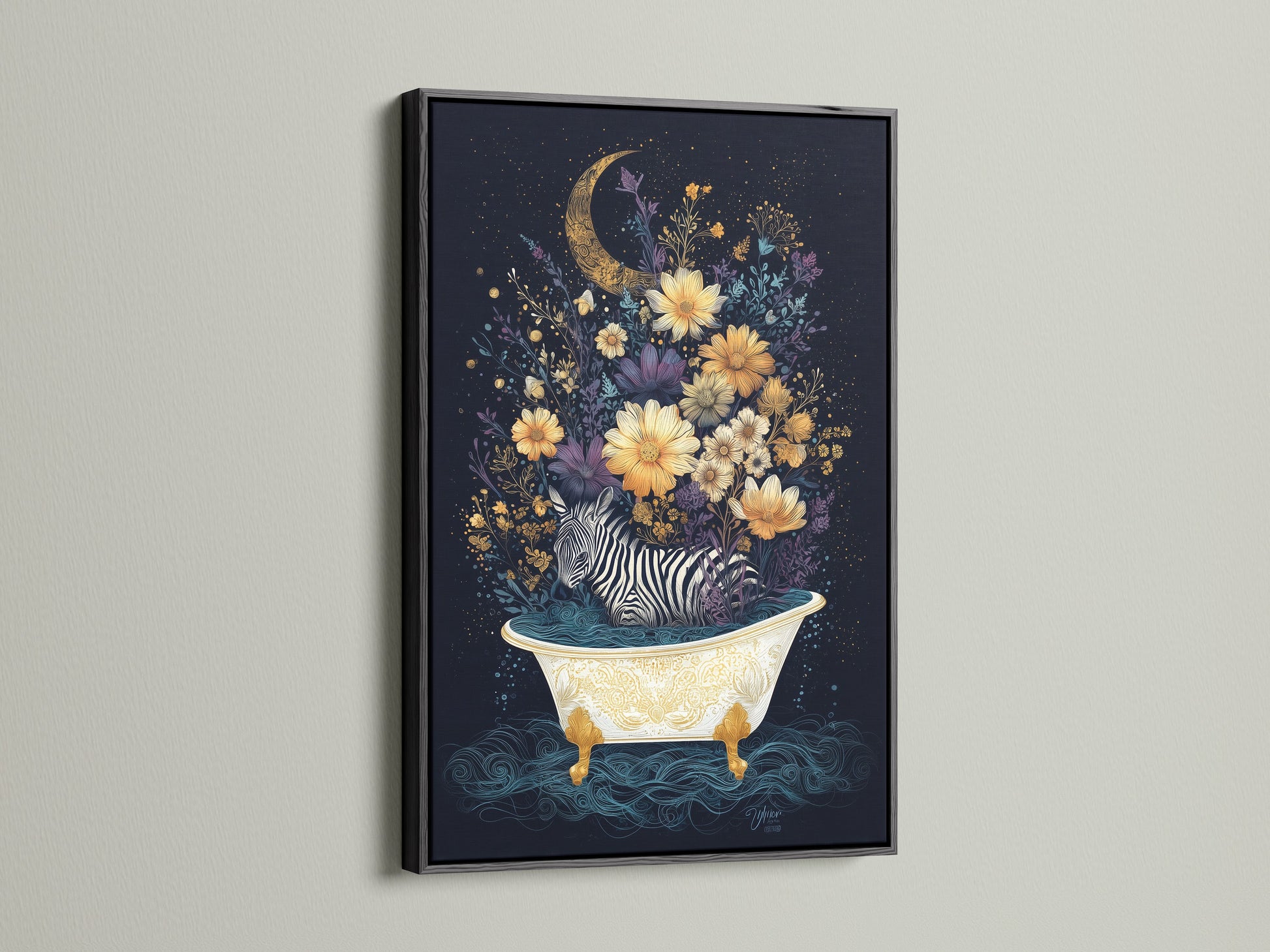 A zebra takes a bath in this whimsical artwork. Floral moon art adds a touch of magic. The artwork is framed in a black frame. This zebra art is ideal for adding a unique conversation starter to your living room. Explore animal art prints for your home.