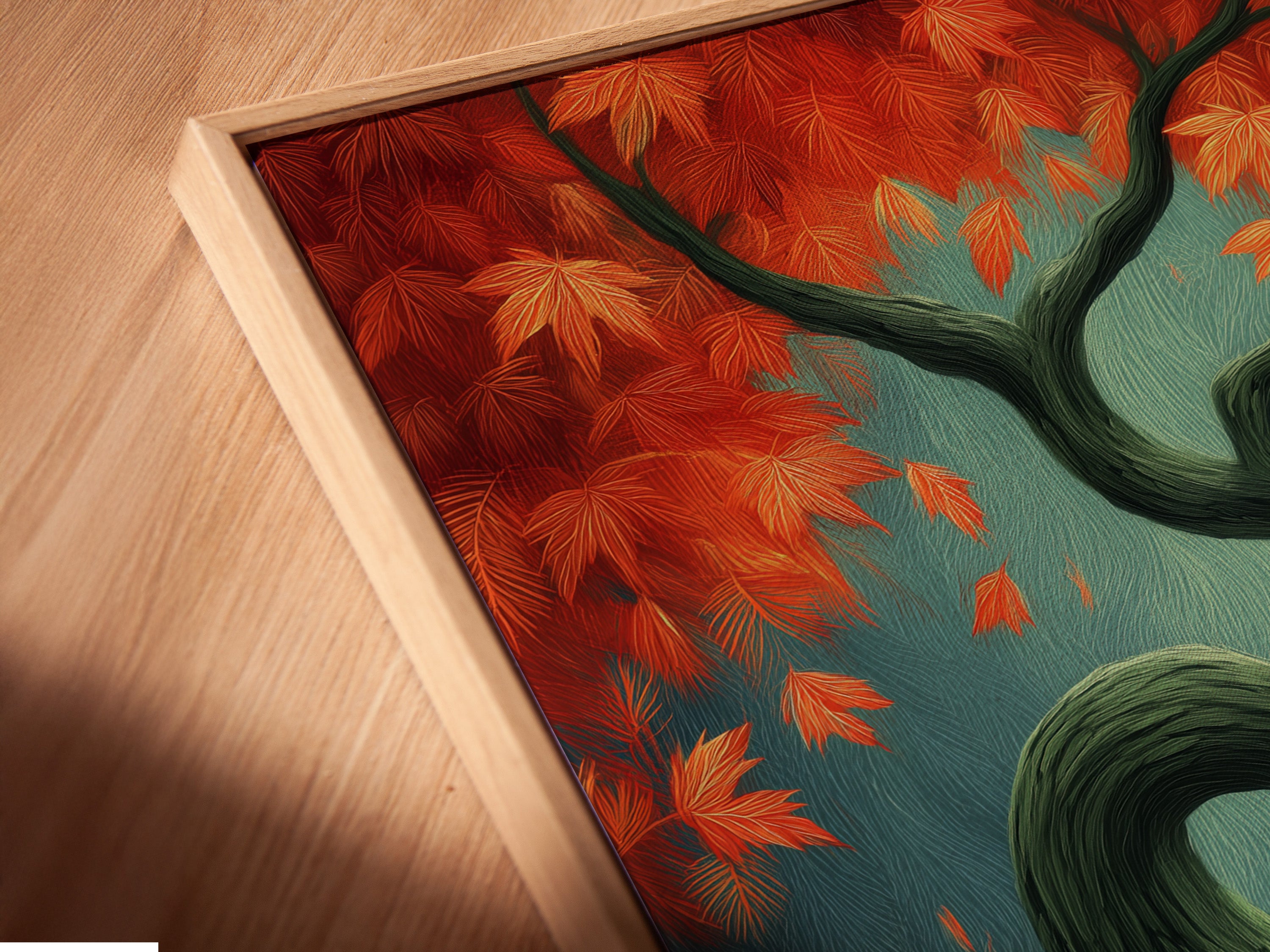 Close up angled view of a canvas print in a floating frame. The Japanese style Autumn Tree art features teal and orange hues. Ideal fall foliage print for nature home decor. It enhances any space with a calming zen atmosphere.