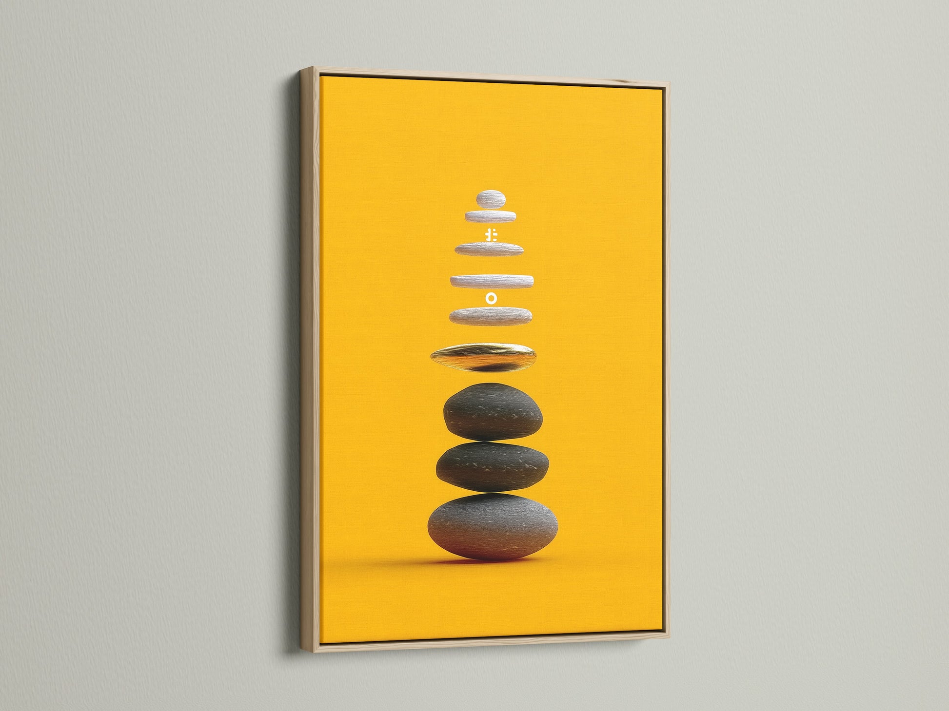 Zen Stone Canvas Print in an Oak Frame. This calming art print is ideal for creating a peaceful environment. The balancing stones wall art adds a touch of serenity to any space. A spiritual artwork.