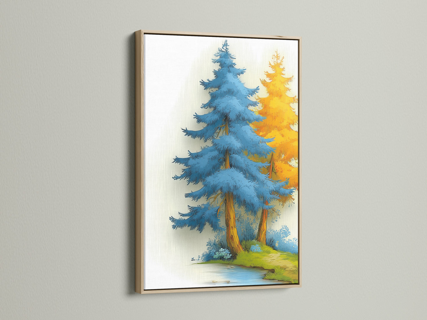 The Blue Forest artwork is beautifully framed in oak. This tree wall art brings a touch of nature to your living space. The oak frame enhances the modern artwork. Ideal for creating a serene bedroom art display. This nature print captures a tranquil forest scene. It adds a rustic touch to any room. Perfect for cabin wall art.