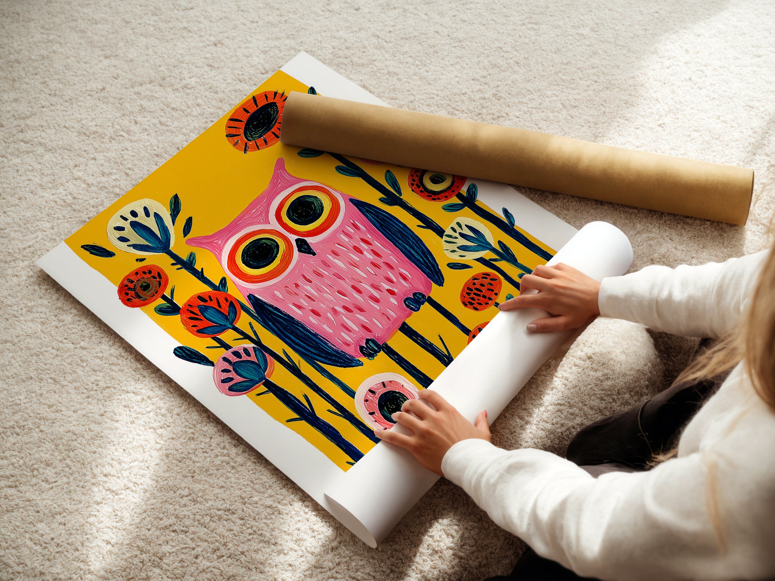A woman is rolling a fine art poster paper. This folk art print features a whimsical bird artwork. Perfect for a kids bedroom or nursery decor. Add a touch of charm to your space with this contemporary artwork. The primary color is pink and the secondary color is yellow.