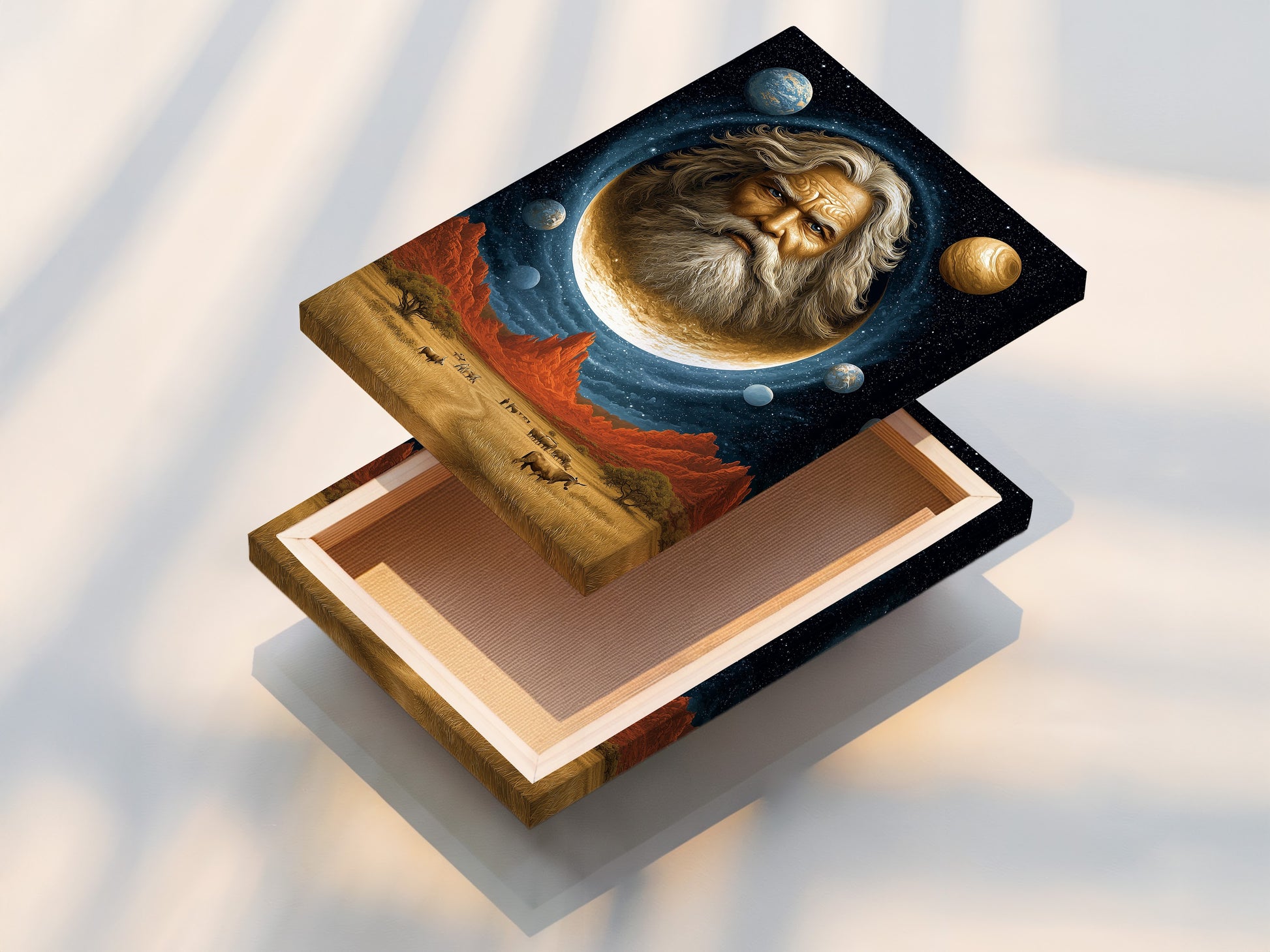 This stretched canvas print features cosmic portrait wall art. A surreal space canvas print of a celestial man on the moon. Adds a mystical touch to any space. Perfect for homeowners spiritual advisors and office decorators. Ideal for Living Rooms Offices Meditation Rooms studios lobbies and wellness centers.