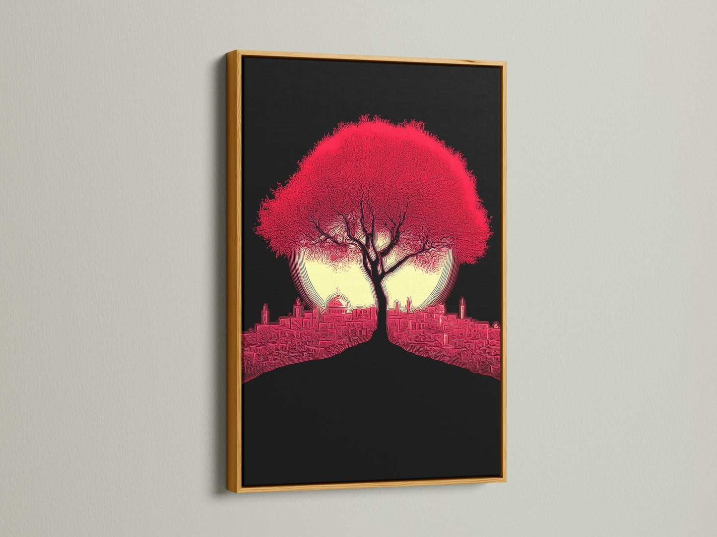 Crimson Tree artwork in a gold frame. The red cityscape wall art is a modern silhouette. This artwork exudes sophistication. Perfect for living room wall art bedroom wall decor and studios. Transform your space with this contemporary print.