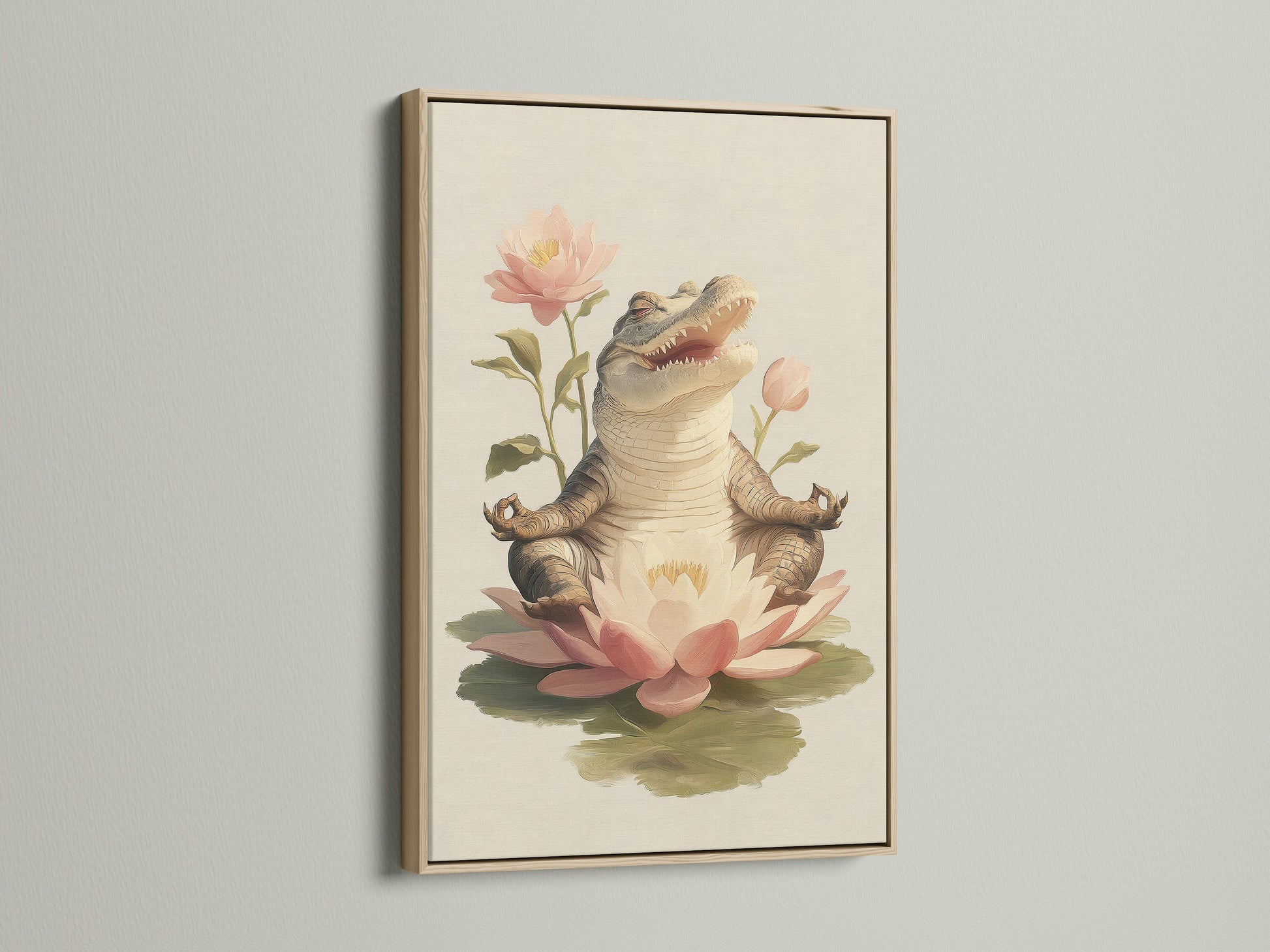 Zen Alligator art print displayed in an oak frame. The artwork showcases an alligator meditating on a lotus flower. It is ideal for yoga studio decor. The oak frame enhances the peaceful zen animal art.