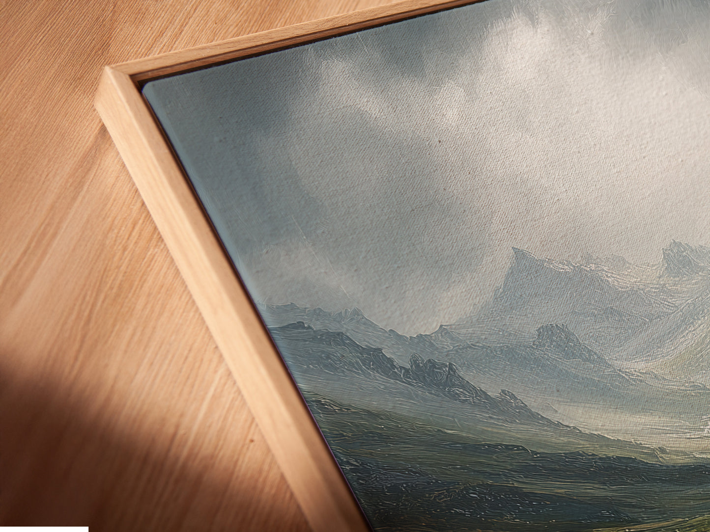 Close-up of a canvas print in a floating frame. The floating frame gives the artwork a sophisticated look. This style enhances the artwork by creating a visual gap. It makes the canvas appear as if it's floating. A modern way to display canvas prints.