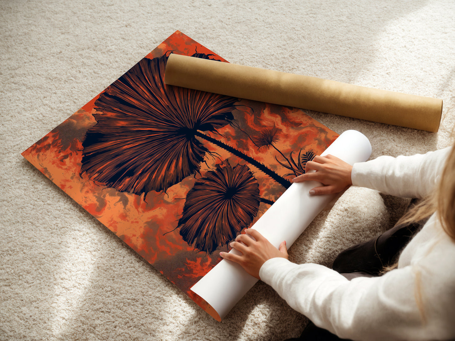 Woman rolling a fine art poster paper. Preparing botanical fan palm artwork. This tropical foliage poster is ready for framing. The burnt orange hues add warmth. Perfect for creating custom wall art. High-quality prints for your home decor.