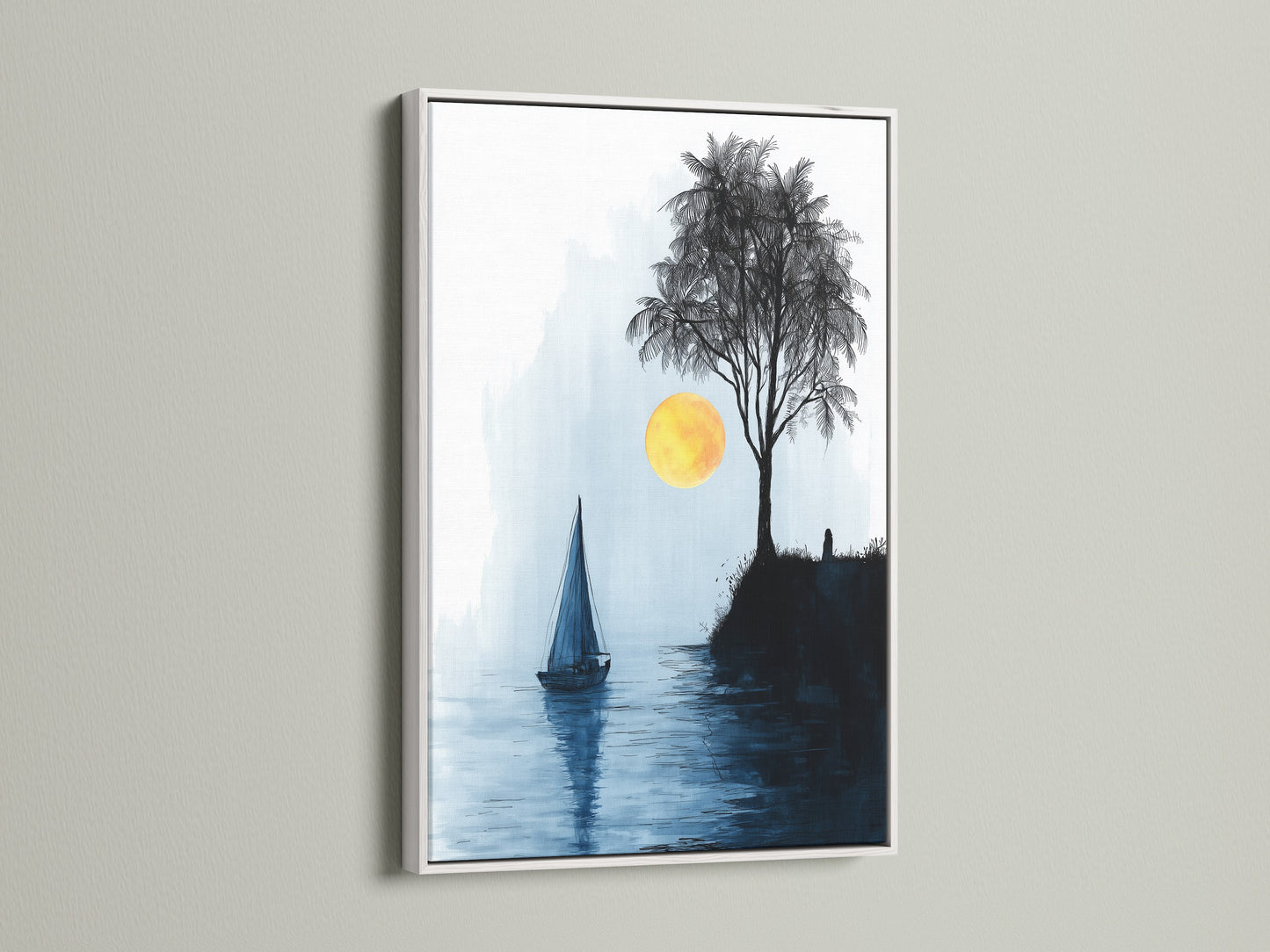 A serene seascape artwork featuring a sailboat and sunlit tree is showcased in a white frame. This coastal wall art enhances any minimalist or Scandinavian interior. The blue and yellow tones create a peaceful atmosphere. Ideal for adding a nautical touch to your home or office. Discover our range of framed fine art prints.