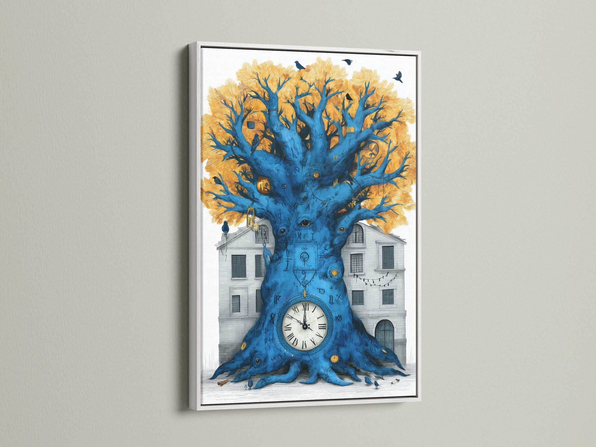 Surreal Clock Tree artwork is framed in a white frame. The artwork features a tree with a clock at its base set against a building. Black birds sit in the trees golden leaves. The tree's trunk is a vibrant blue making this a unique home art piece.