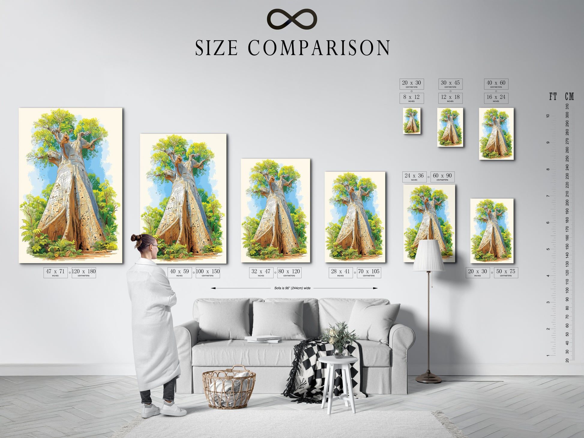 A size comparison chart is displayed in an interior setting. The chart showcases the various sizes available for the Baobab Tree artwork. See how this African landscape canvas can fit into your living room bedroom or office space. Find your perfect botanical art piece.