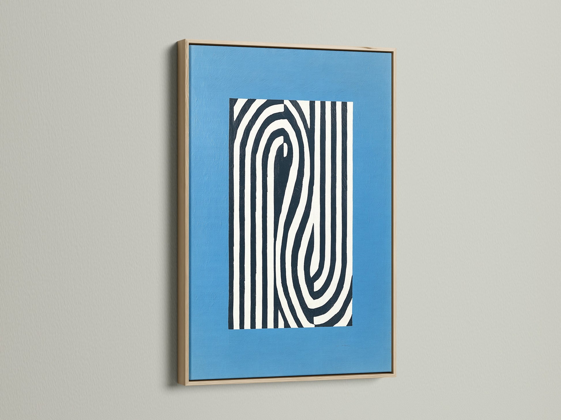 Abstract line art print displayed in an oak frame. This blue modern wall art enhances any room. The minimalist optical illusion canvas adds depth. Perfect for office decor or modern home styling. Explore our framed artwork options now.