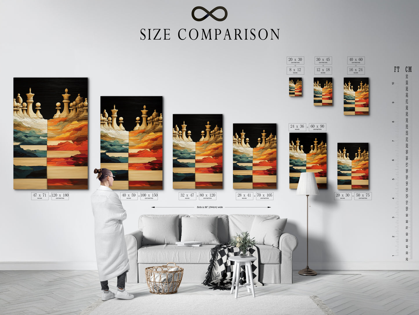 Size comparison chart in an interior setting. Various sizes of chess art are shown. Visualize the perfect fit for your space. Modern board game artwork in teal and orange tones.