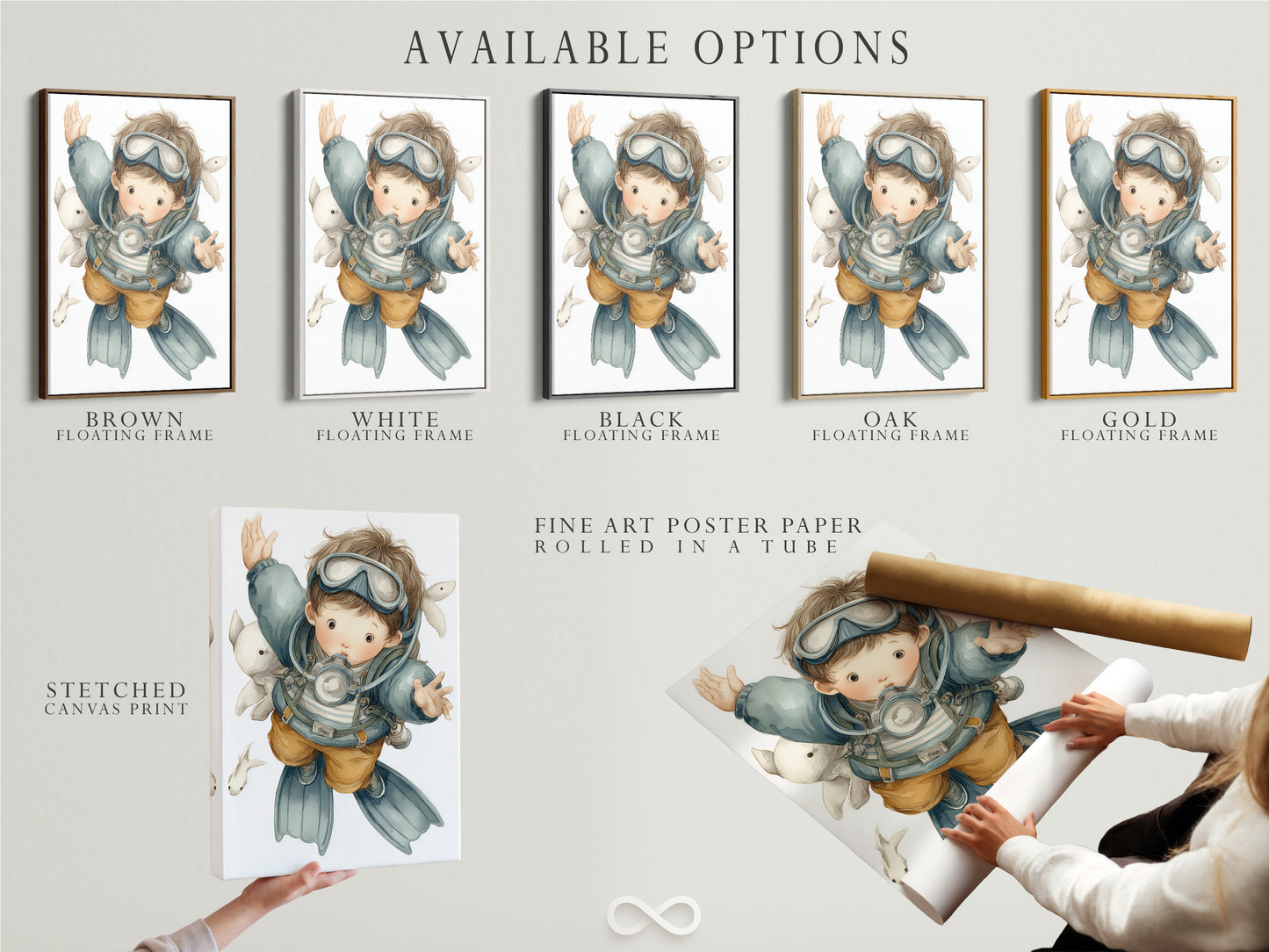 Various options are available for the scuba diver art. Choose from a stretched canvas print or fine art poster paper. A floating frame is also an option. Customize your art for your kids room decor or nursery. Create a unique ocean themed space.