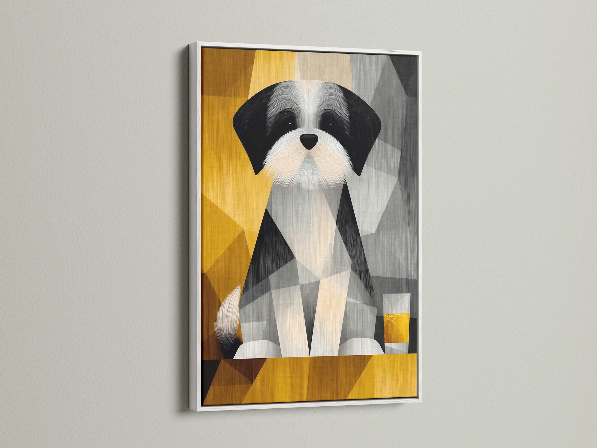 A geometric dog portrait is displayed in a crisp white frame. The artwork pops against the clean backdrop. This pet canvas print is a perfect addition to any modern home. The white frame enhances the abstract animal artwork. It provides a fresh and contemporary feel. This is a lovely dog lover gift.