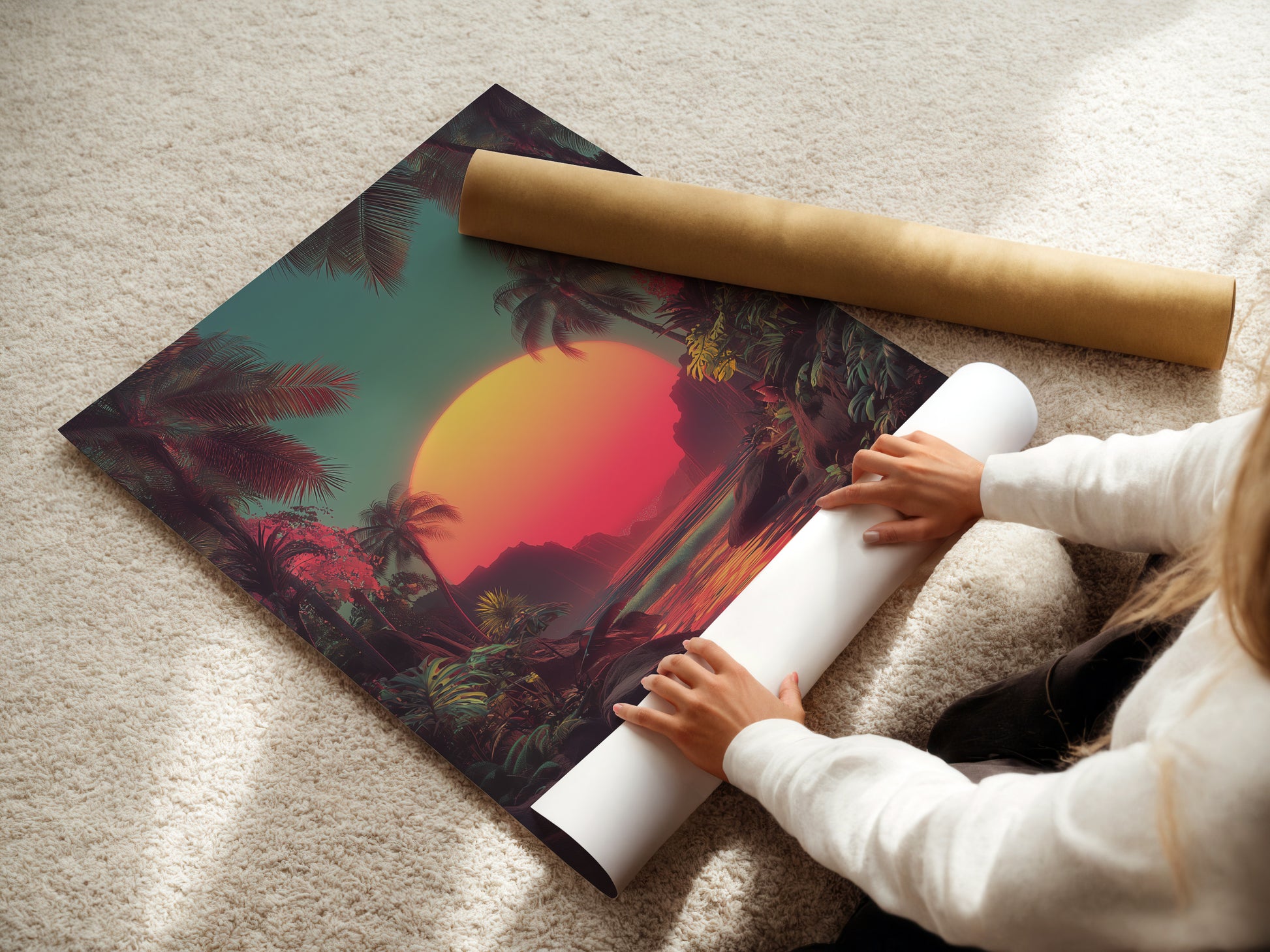 A woman carefully rolls a fine art poster paper. The poster paper is of high quality and archival grade. We use premium materials for exceptional prints. Preserve your artwork with our fine art poster paper. Order your art prints on our superior poster paper today.
