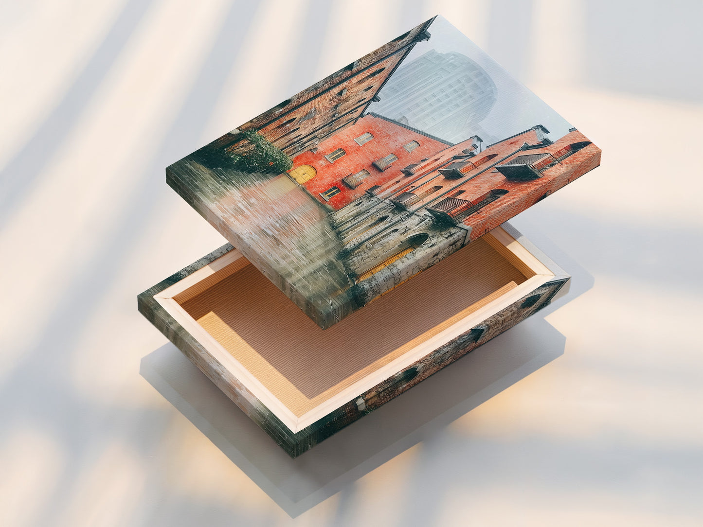 The stretched canvas print displays the Brick Building Canvas Print. The industrial cityscape wall art highlights urban architecture. It is a great choice for enhancing living rooms bedrooms and office spaces.