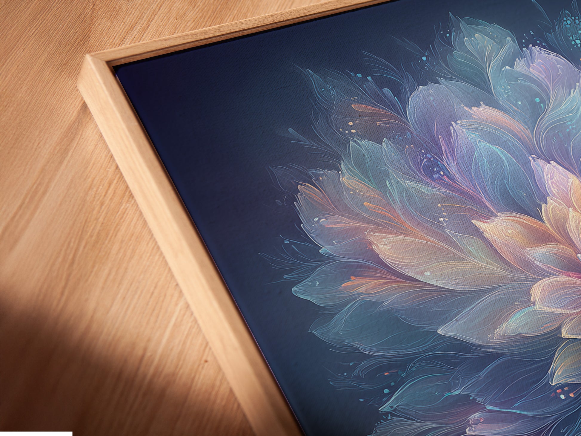 Close-up of a canvas print in a floating frame. The ethereal flower artwork features pastel blue and pink colors. This dreamy botanical piece is perfect for modern interiors. It is ideal for adding a soft touch.