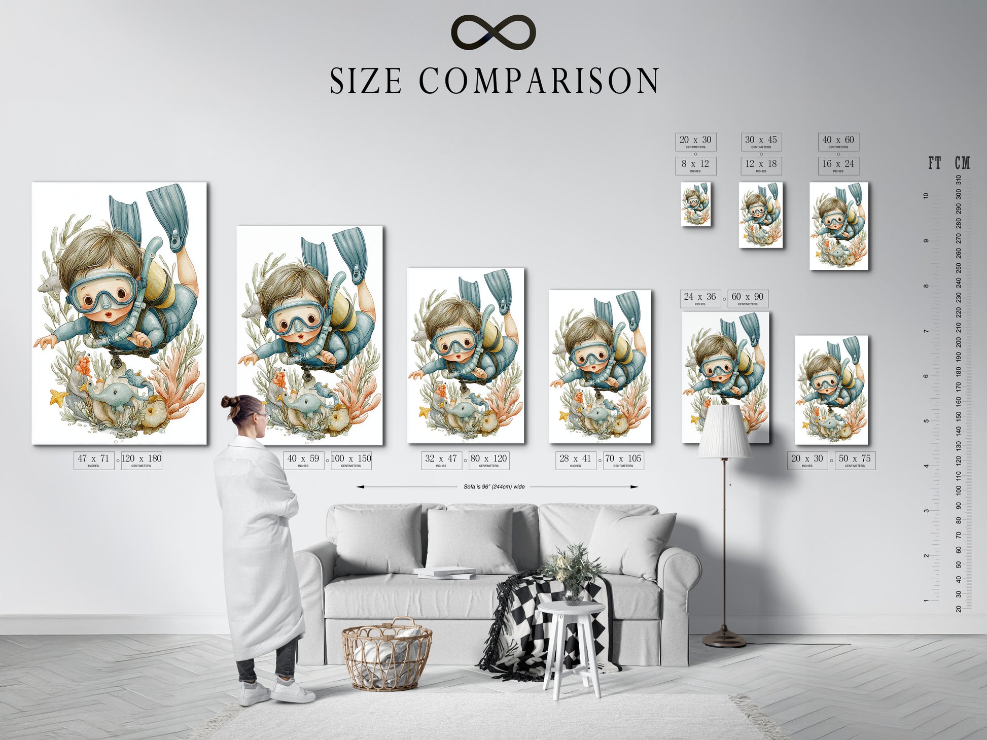 A size comparison chart is displayed in an interior setting. It showcases the various sizes available for the scuba diving kids art. Visualize the ideal fit for your space. Choose the perfect size to complement your decor. Transform your nursery or playroom with this captivating underwater artwork.