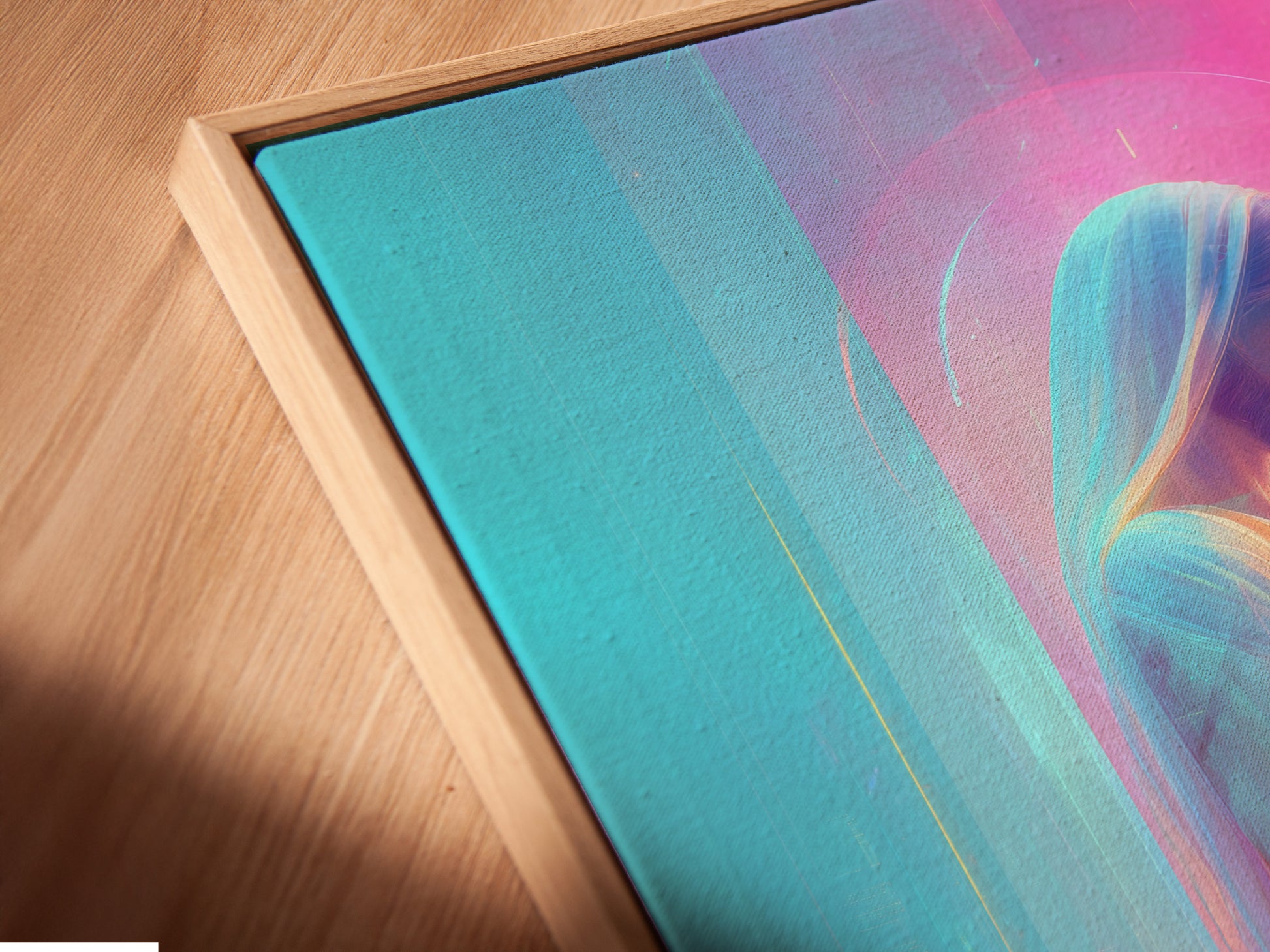 A close-up angled view reveals a canvas print in a floating frame. The floating frame creates a unique visual effect. The artwork seems to hover within the frame. This modern framing style adds depth and dimension to the art.