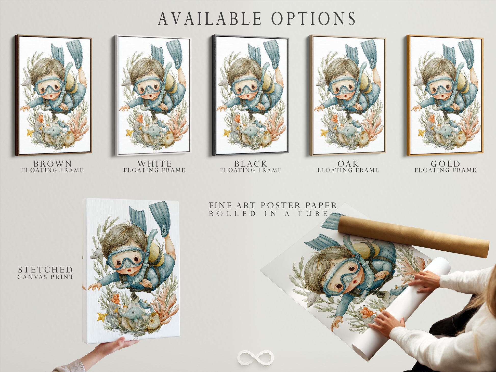Explore the available options for the scuba diving kids art. Select from a stretched canvas print. Opt for fine art poster paper or choose a floating frame. Customize your artwork to perfectly match your style. Create a unique underwater nursery that reflects your taste.