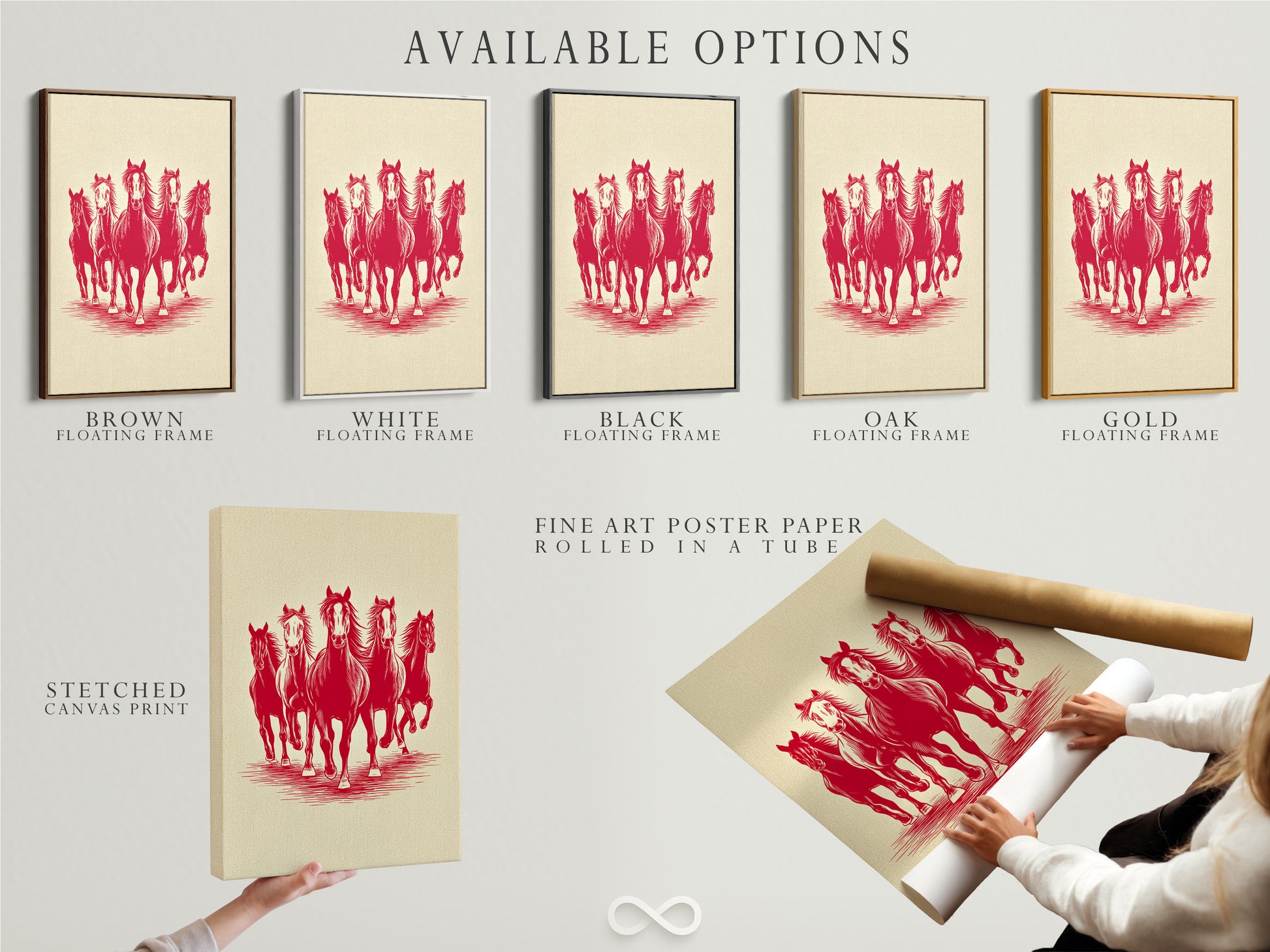 Available options are displayed. Choose from a stretched canvas print. Pick fine art poster paper. Select a floating frame. Customize your artwork to your liking. Find the perfect fit for your home decor.