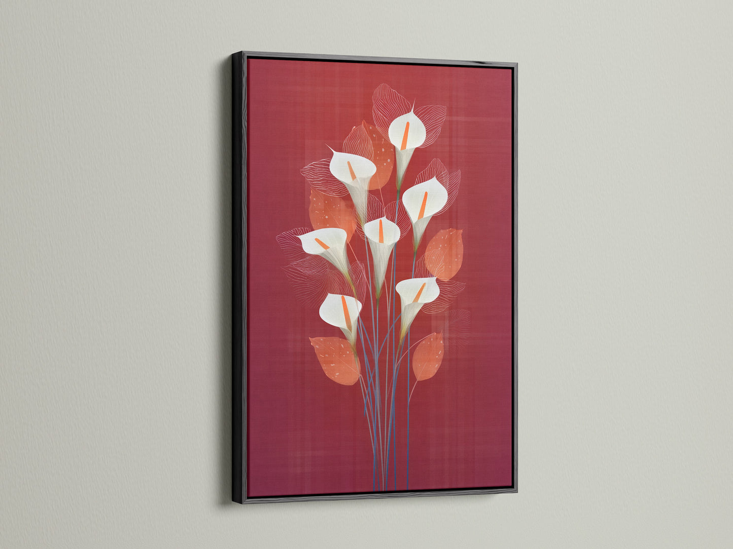 View the calla lily artwork presented in a black frame. The black frame provides a bold contrast to the red wall art. This frame choice makes the botanical artwork pop. A sophisticated choice for modern botanical decor.