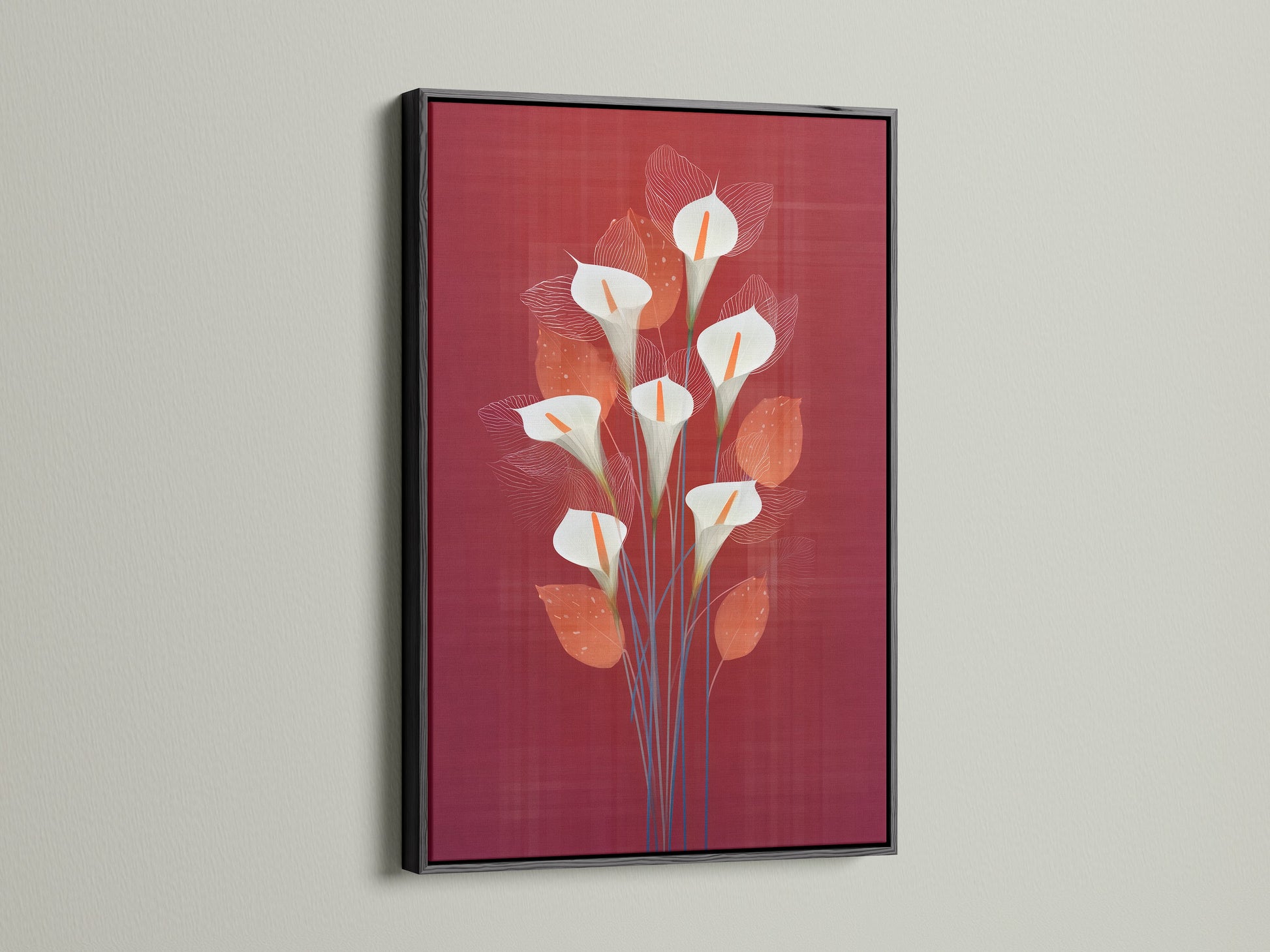 View the calla lily artwork presented in a black frame. The black frame provides a bold contrast to the red wall art. This frame choice makes the botanical artwork pop. A sophisticated choice for modern botanical decor.