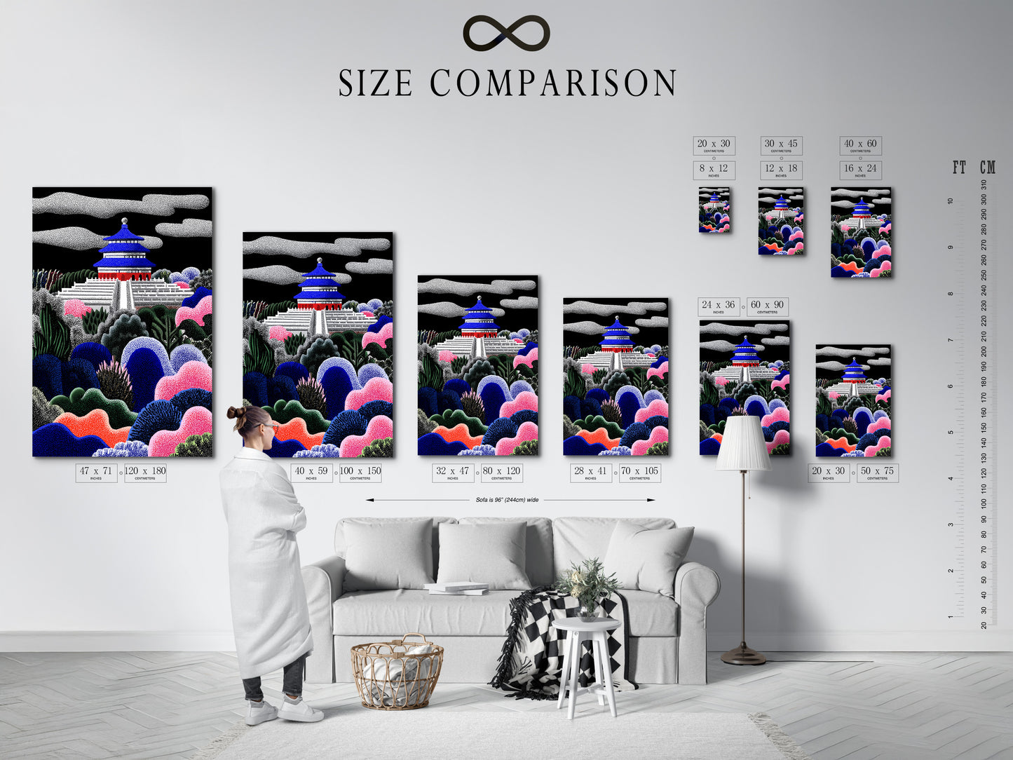 Size comparison chart in an interior. Visualize artwork sizes before you buy. See how different sizes fit your space. Make informed decisions for your gallery wall. Choose the perfect dimensions for your art. Find the ideal size to complement your artwork. Display your art today.