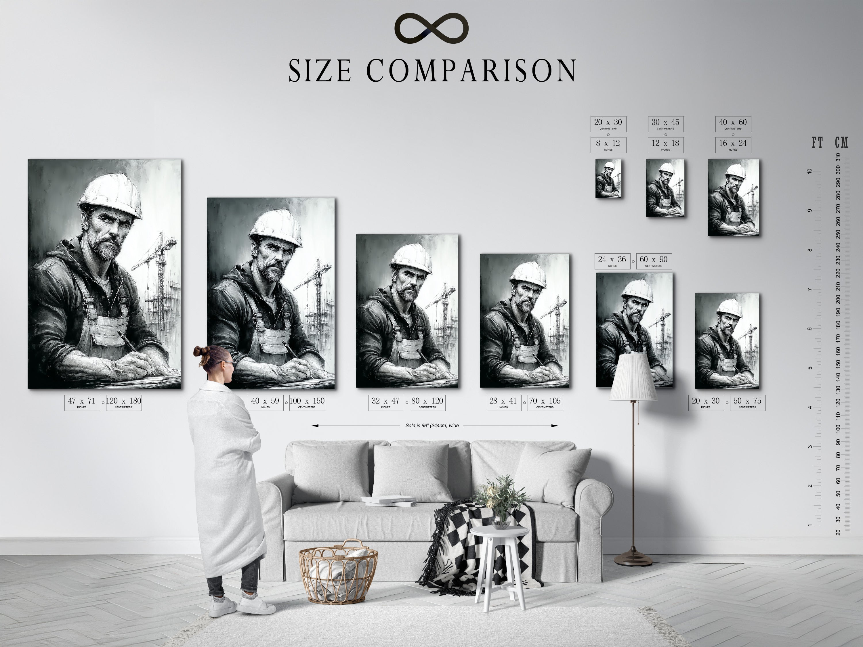 A size comparison chart in an interior setting. This chart helps visualize the different sizes available for the construction worker art. Choose the perfect size for your office or home decor needs. Find the ideal fit for your space with this helpful guide.