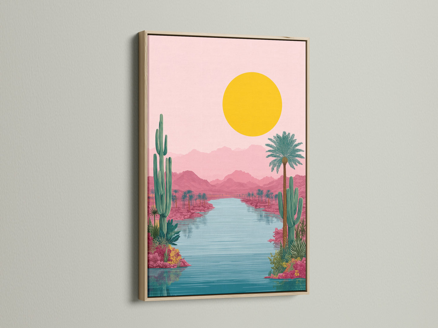 A serene Desert Oasis canvas artwork is showcased in an oak frame. The pink and teal hues evoke a sense of calm. The artwork brings a touch of Southwestern elegance to any room. Perfect for boho or modern interiors.