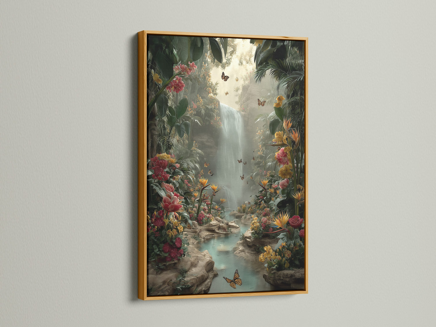 Tropical Waterfall art in a gold frame. The artwork showcases a stunning jungle paradise with a waterfall and butterflies. The gold frame adds a touch of elegance and warmth. Bring the beauty of nature into your home with this eye-catching piece. Perfect for adding a luxurious feel.