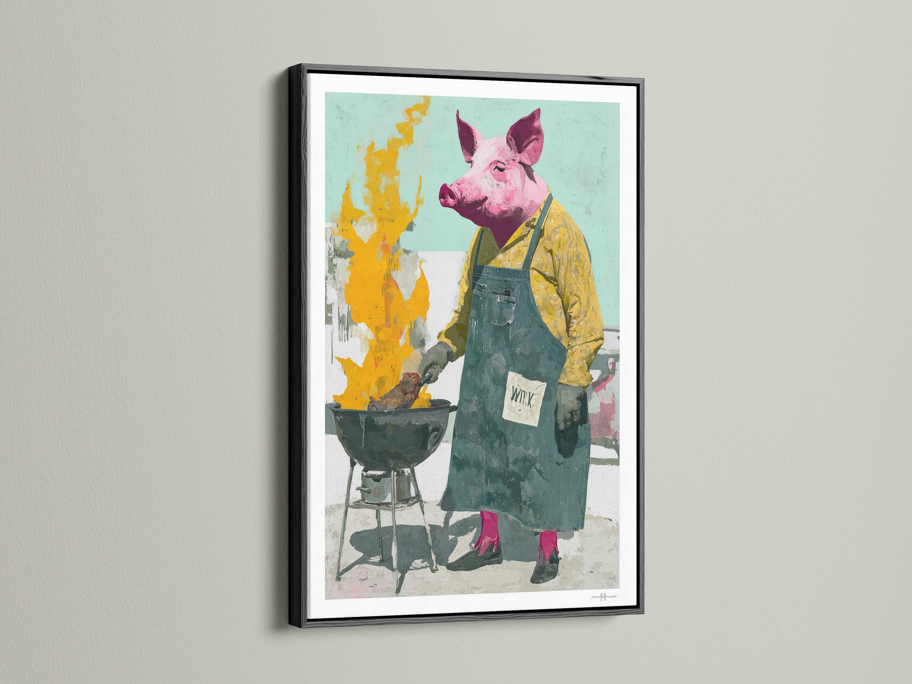 The Pig Chef artwork is striking in a black frame. The dark frame creates a bold contrast with the artwork. It draws the eye and adds a touch of sophistication. Black frames are timeless and elegant.