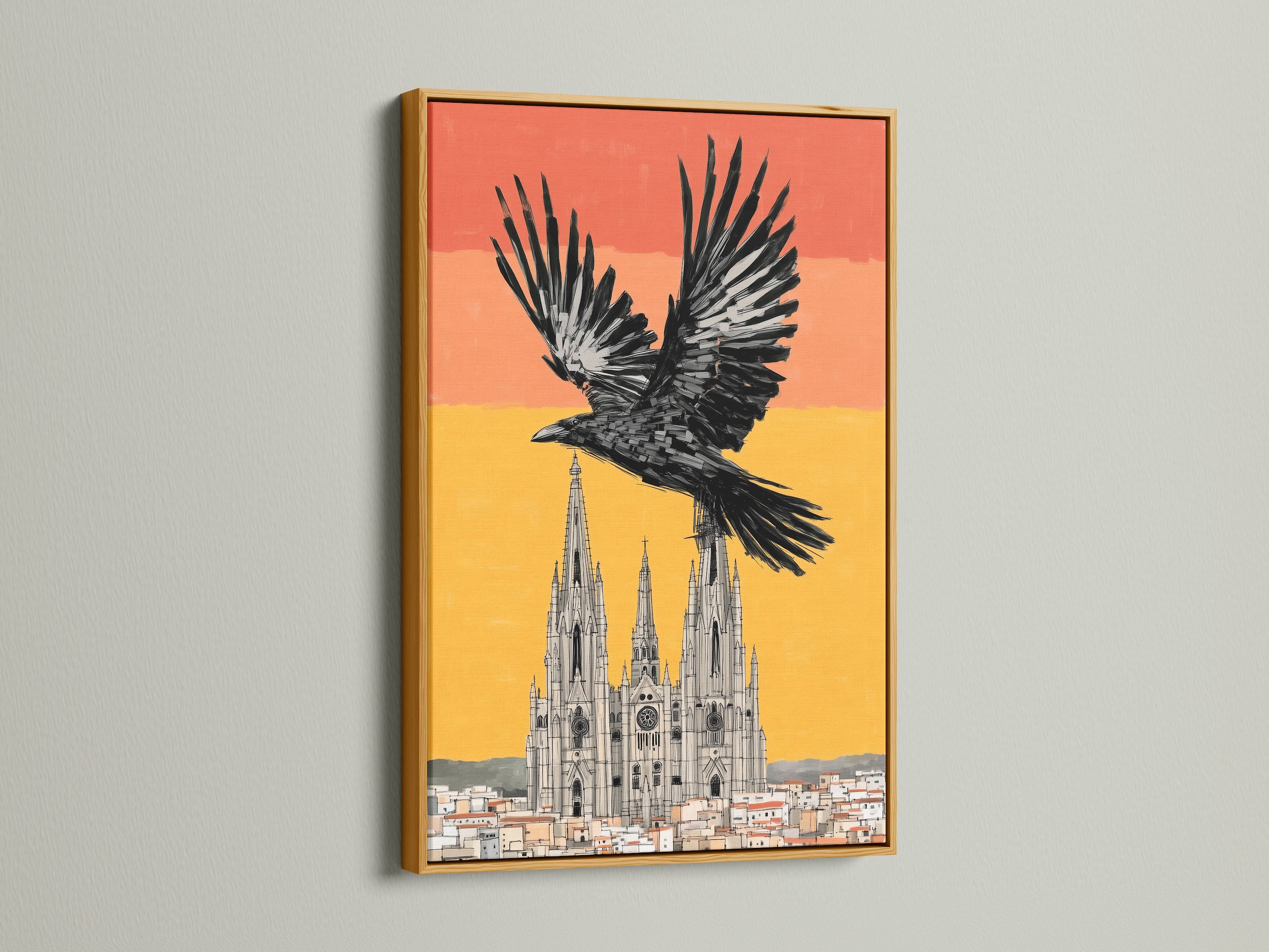 This gothic raven artwork is framed in gold. It brings a touch of opulence to any space. This black bird cathedral canvas print is perfect for dark academia art enthusiasts. It enhances gothic poster collections and adds a unique gothic touch to your home.