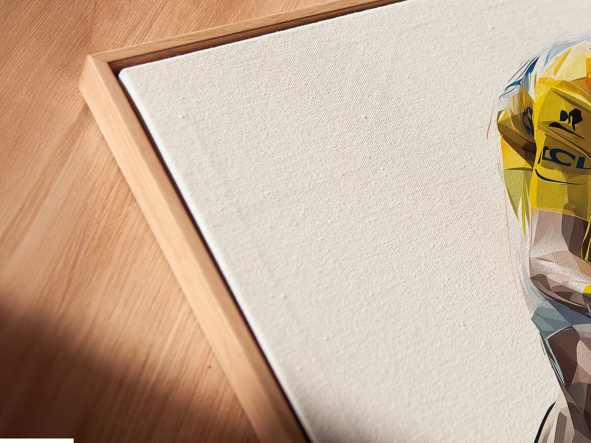 Close-up angled view of a canvas print in a floating frame. The artwork appears to hover within the frame. This adds a modern art gallery feel. The floating frame enhances the artwork.  Explore floating frames for a unique display.  Showcase your artwork in style.