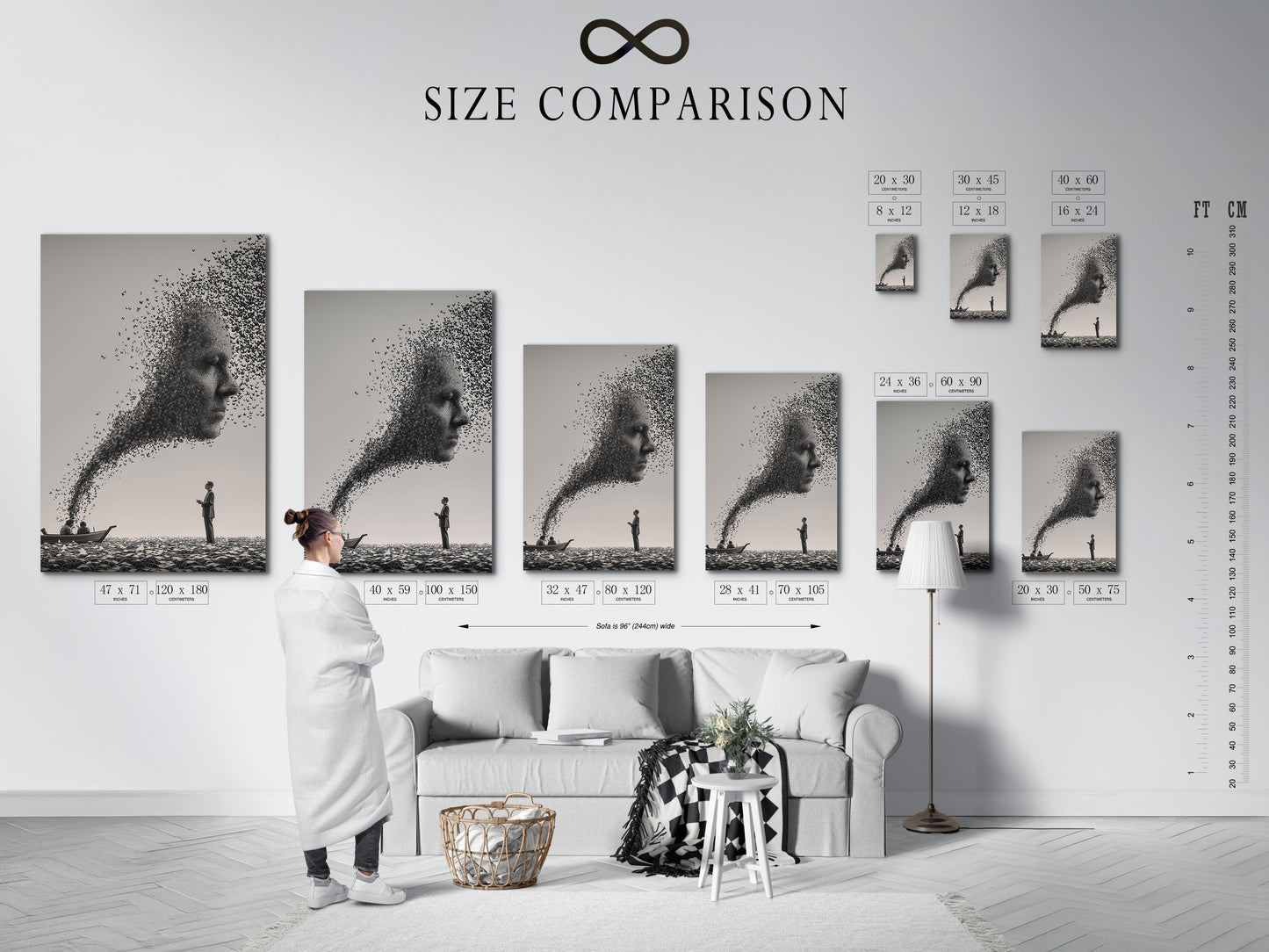 A size comparison chart in an interior setting. The chart helps visualize different artwork sizes. This allows you to choose the perfect piece for your space. It ensures the artwork fits seamlessly into your room. Use our size chart to find the ideal art dimensions. Achieve the perfect fit every time.