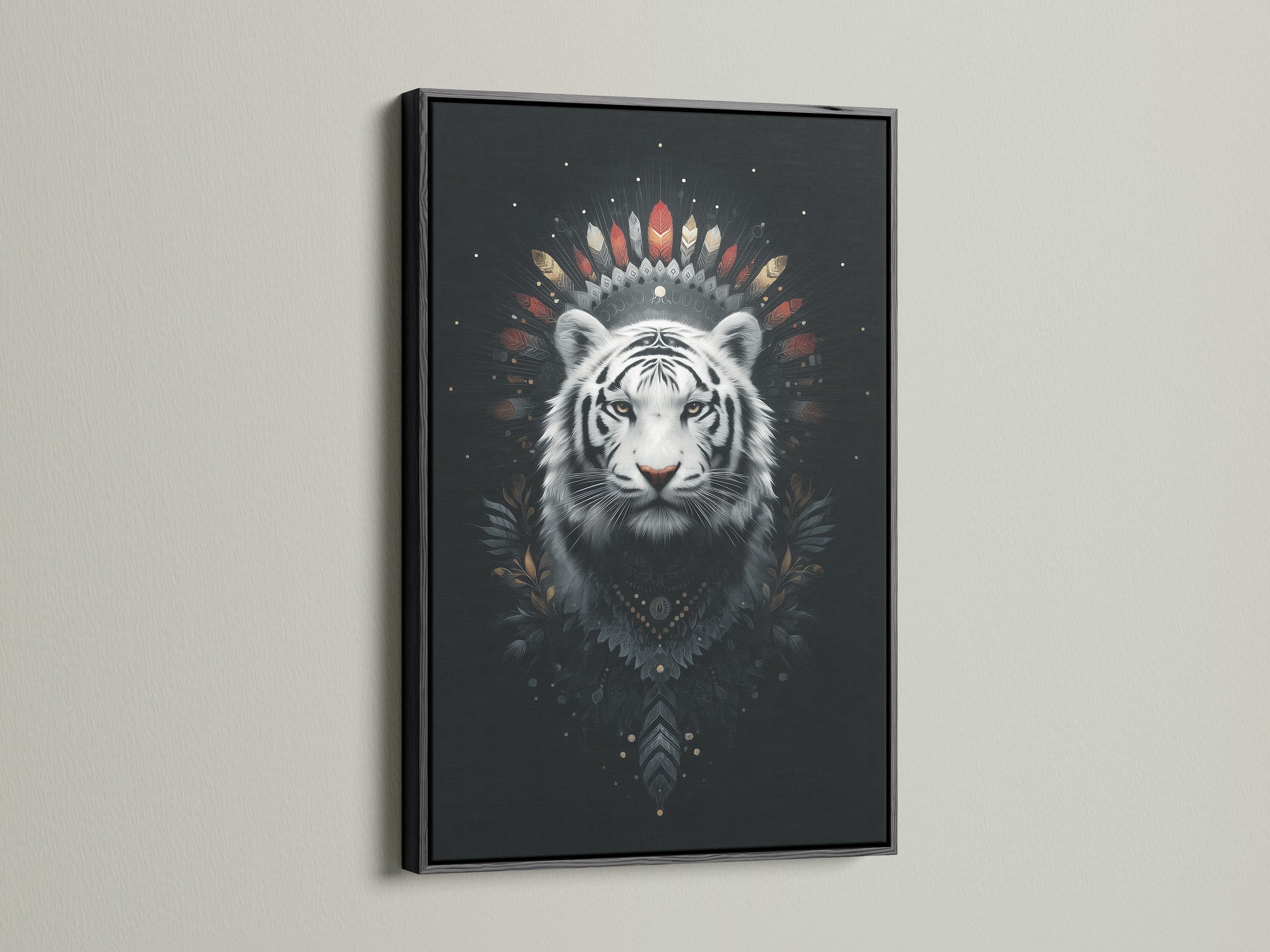 The black frame provides a bold contrast to the mystical white tiger artwork. This tribal art print makes a striking statement in any room. The black frame adds a touch of sophistication. It is ideal for eclectic and modern interiors.
