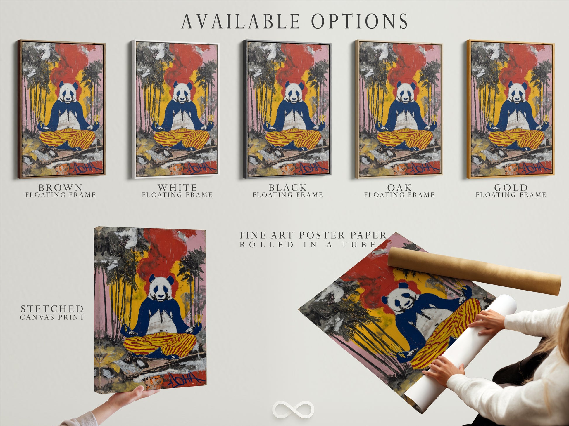 Available options for the Zen Panda art. Choose between a stretched canvas print fine art poster paper or a floating frame. Customize your artwork to fit your style. Enhance your space with this unique piece.