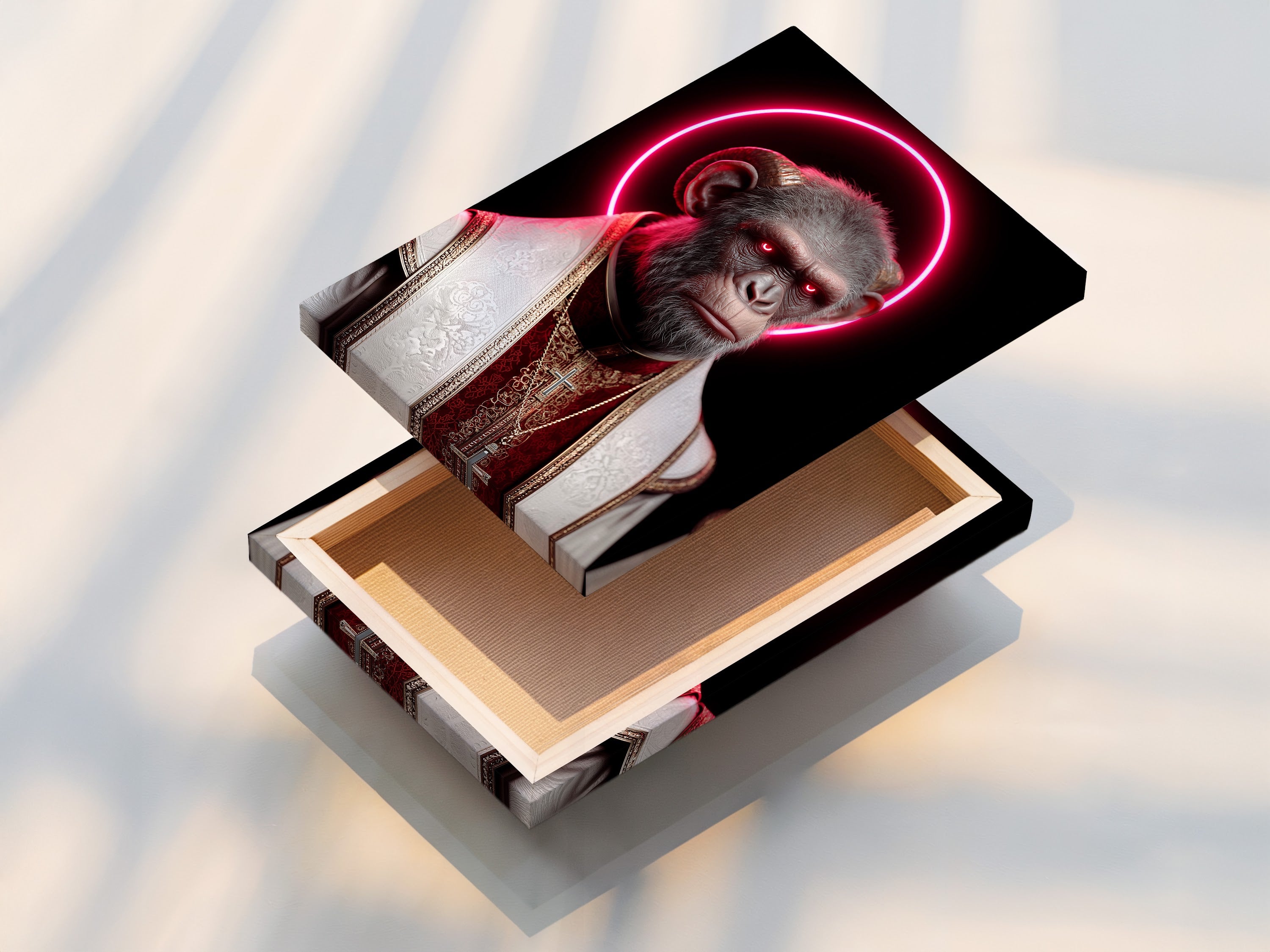 A stretched canvas print displays the 'Pope Monkey' art. This religious artwork with a neon halo is ready to hang. It offers a modern contemporary wall decor solution. The stretched canvas enhances the colors. It is perfect for any living room or office.
