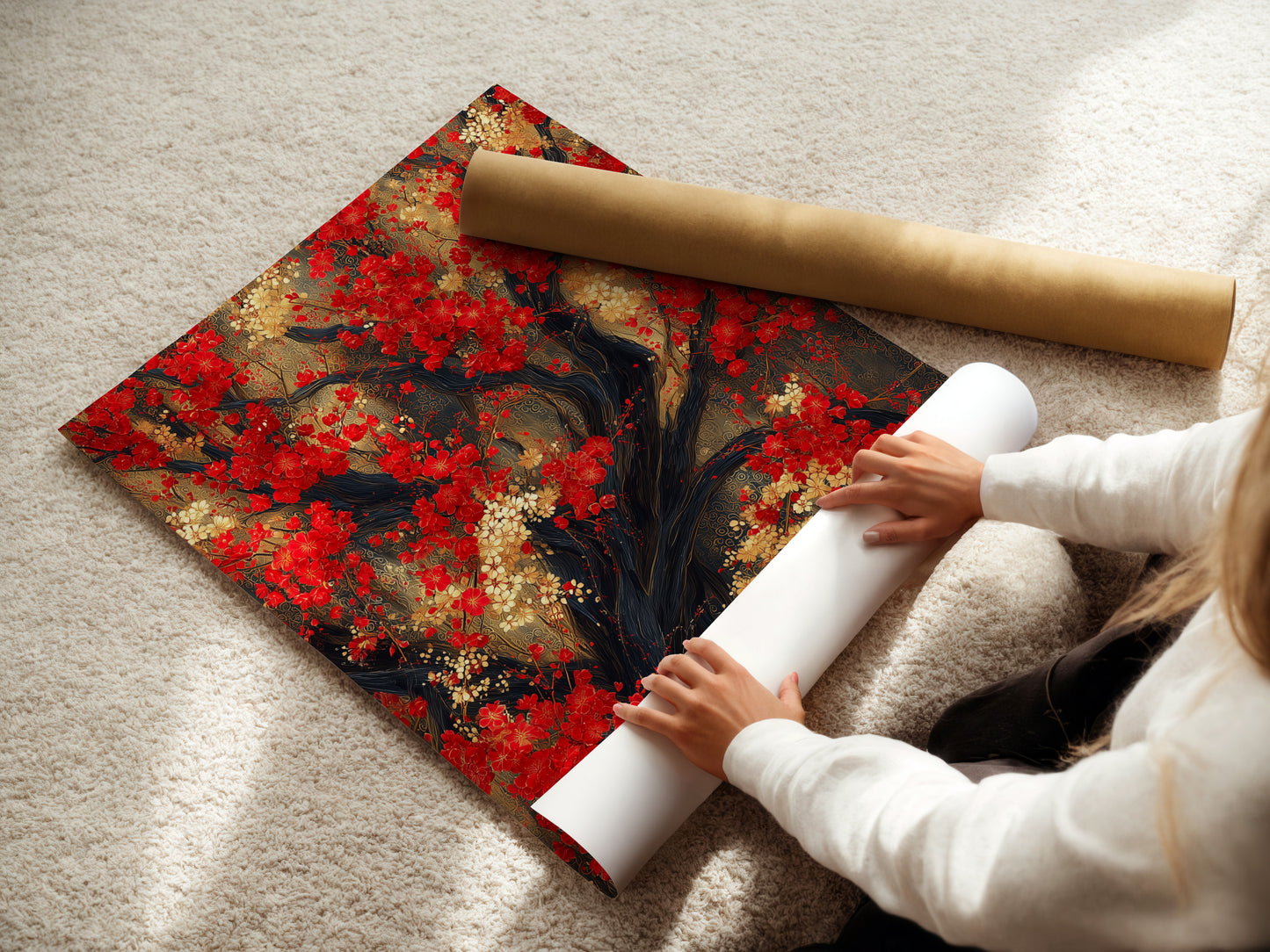 A woman is carefully rolling a fine art poster paper featuring the Red Blossoms artwork. This Japanese cherry tree print is perfect for adding Asian botanical art to your space. Ideal for those who appreciate oriental decor and nature wall art. The poster features red and gold accents. Enhance your home with this botanical print.