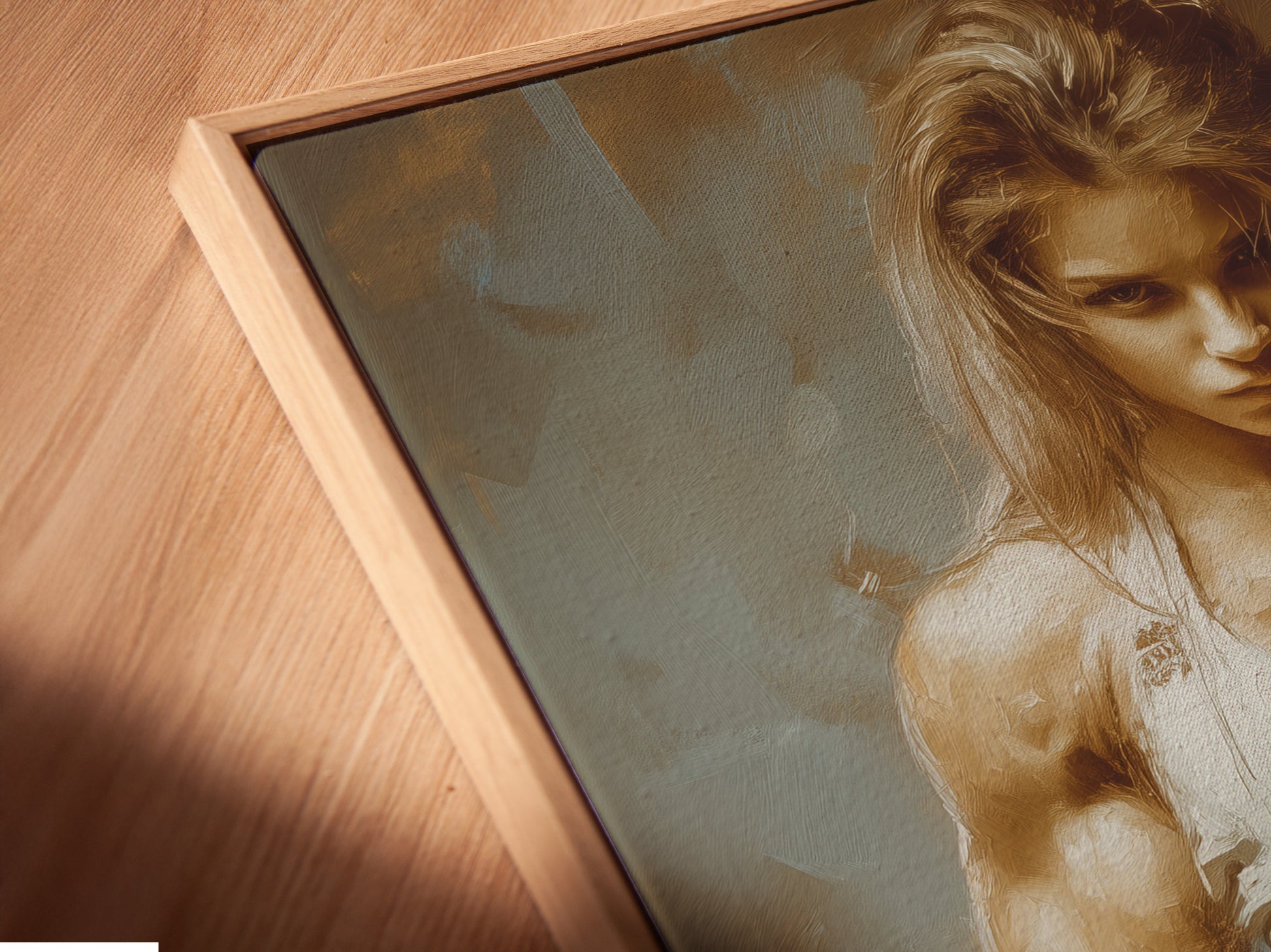 Angled close-up of a canvas print in a floating frame. The artwork features a strong woman. This fitness motivation wall art is perfect for gym wall decor. Add inspiration to your home gym with this piece.