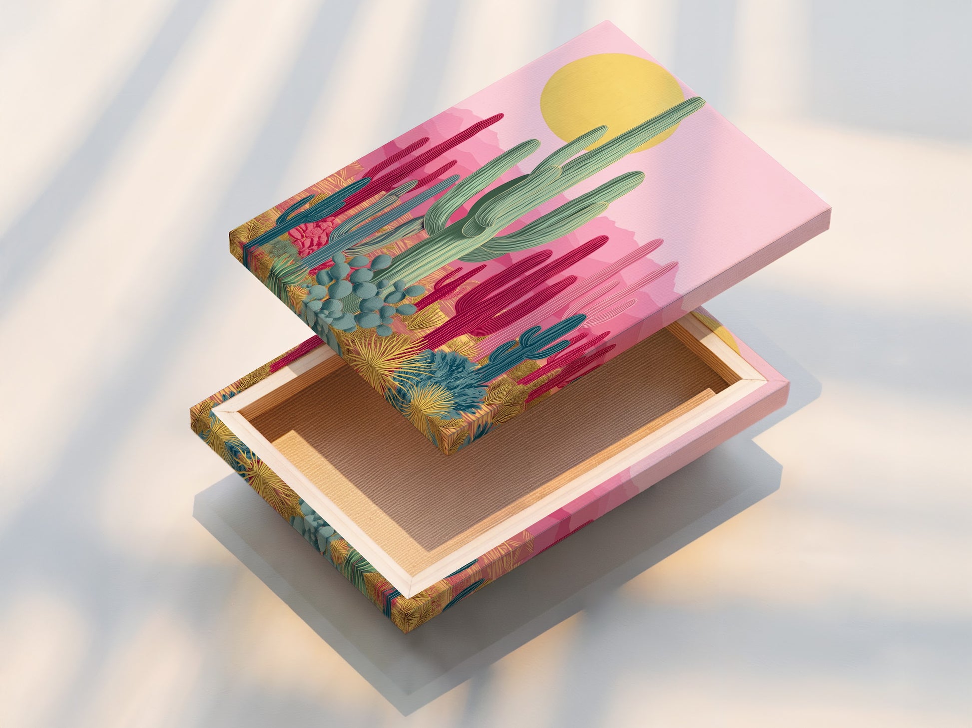 A stretched canvas print of Southwestern cactus artwork. The art features pink and teal botanical prints. This desert wall art is ready to hang. Perfect for modern minimalist or boho aesthetics. Adds color to any space.