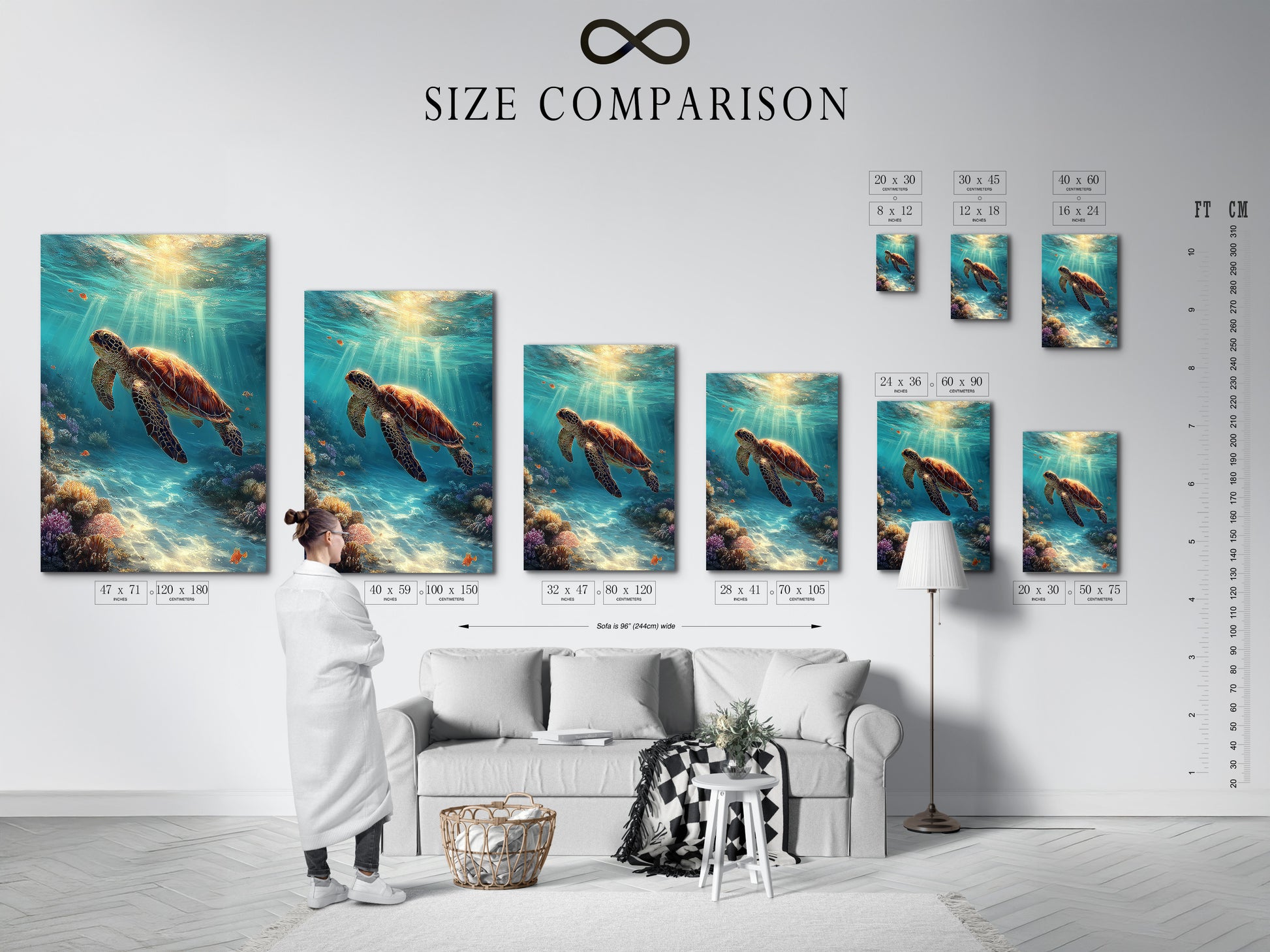 A size comparison chart is displayed in an interior setting. It helps visualize different sizes of the sea turtle artwork. See how the ocean wall art fits in your living room or bedroom. Choose the perfect size for your space.